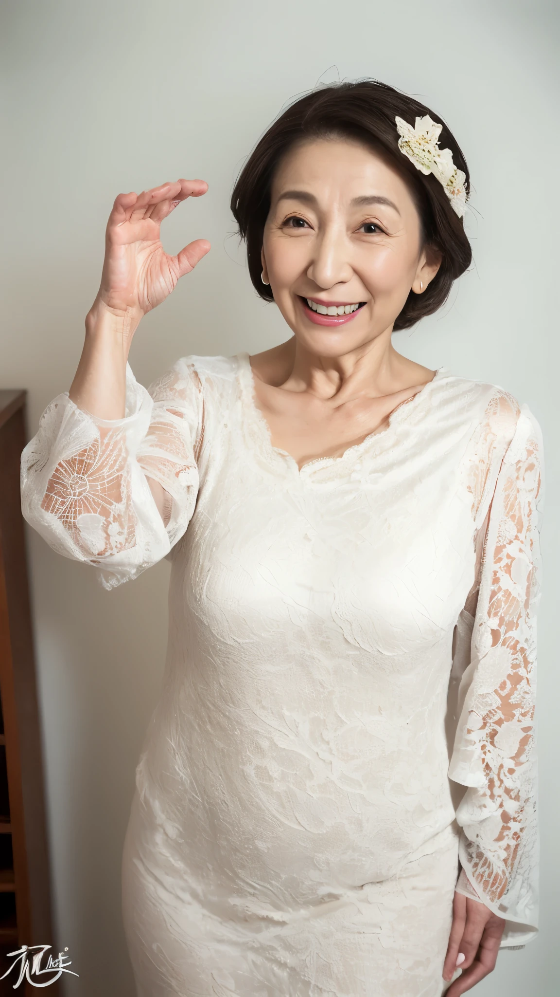 Auntie, ((Fractal Art)), (((masterpiece))), 8k, Clear images, (((alone))), (((Asian Beauty))), Pure white background, Gray Hair, Hands behind back, Refreshing early summer outfit, gravure, Alluring, ((Elderly mature woman with an old face)), Depict lips accurately,Red lips, Flashy makeup, (((alone))), (((Perfect Anatomy))), Elderly, Pure white background, gravure, Upright posture, smile, ((Obscene)), From the chest up, highest quality, Very detailed, Realistic, Very detailed細なスキン, (Mature Woman), (positive), 100 years old, Huge breasts, Mature Pornstar, Glamour, sexy, Pure white skin, Comfortable clothing,