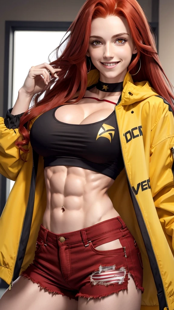 Long hair, red hair, yellow eyes, crop top, abs, torn shorts, smile, short jacket, big breasts