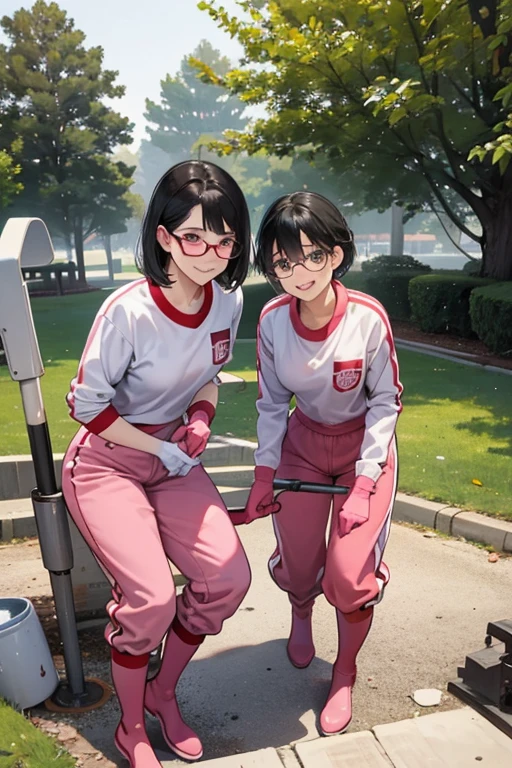 Two high school girls with short black hair and glasses, wearing red long sleeves, long pants and gym clothes, wearing white rubber boots and large pink rubber gloves, smiling as they clean a dirty public toilet in a park