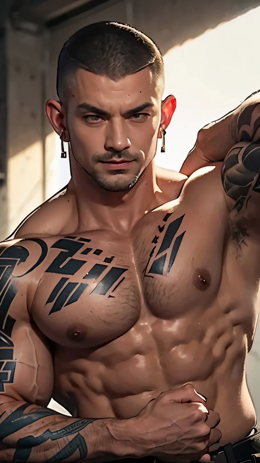 army, daddy, handsome male, muscular, muscular arms, muscular chest, open chest, ripped uniform, army uniform, tattooed, tattooed arms, veiny, basecamp, grey hair, buzz cut, blindfold, glaring, earrings, seductive smile, from below, 8k, super detail, masterpiece, textured skin, super detail, best quality, 8k