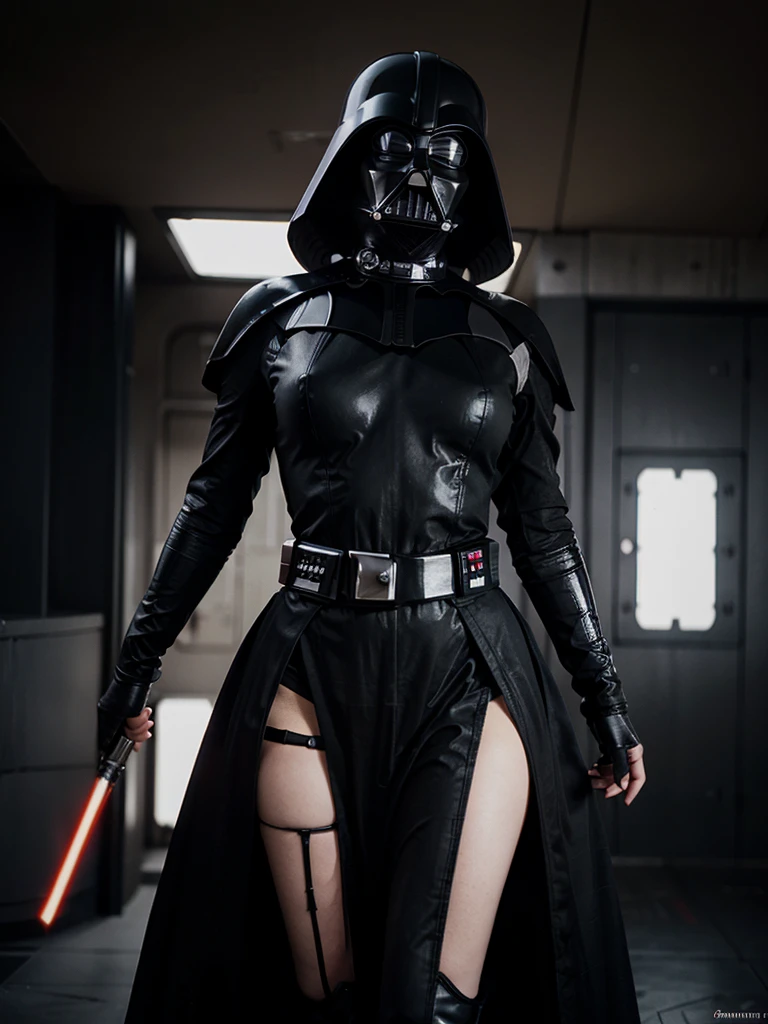 Star Wars, Sith, femme, sexy, grosse poitrine, big neckline, Dressed in black, femme blanche, jeune, brune, Darth Vader helmet on his head, pornographique