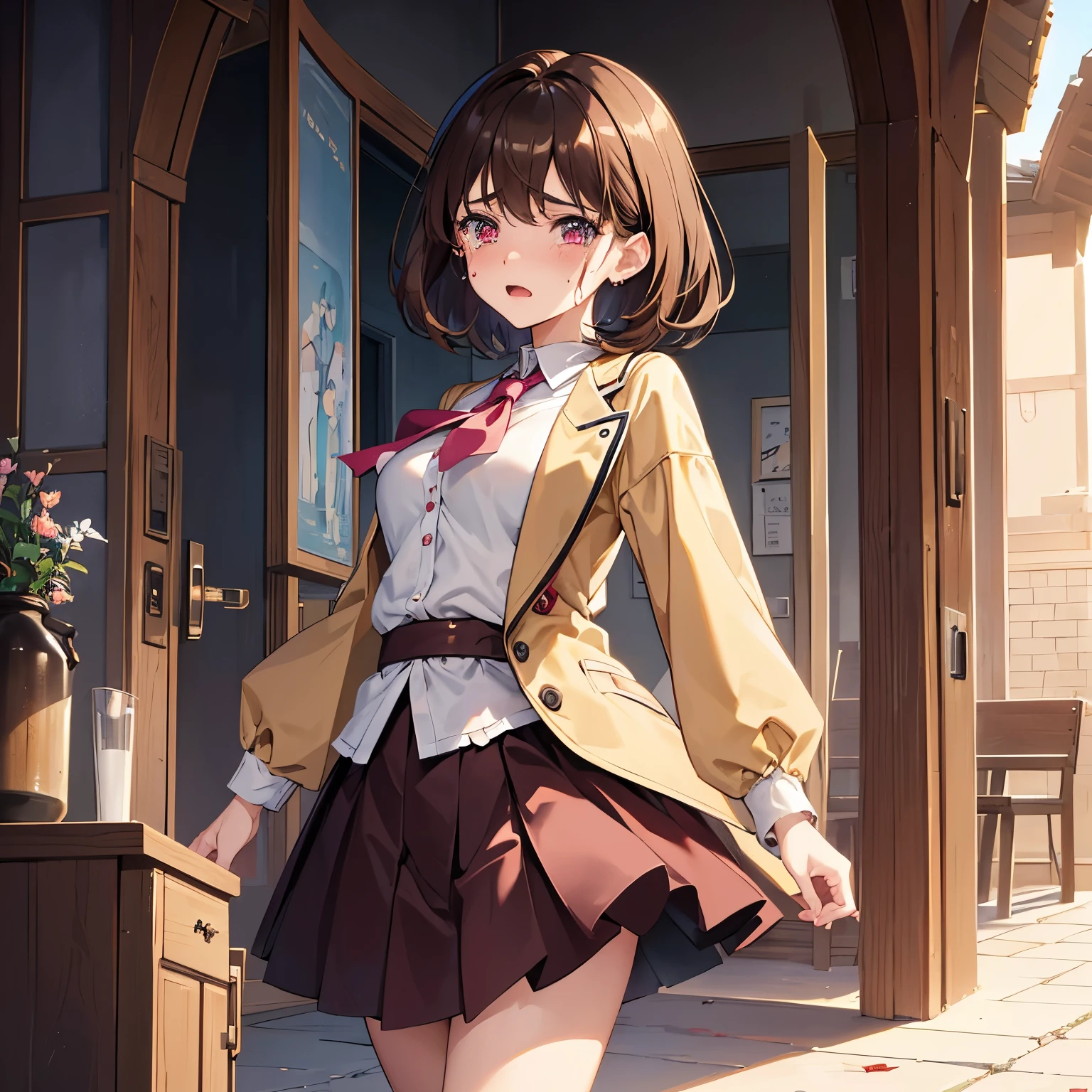 masterpiece、ultra-quality、ultra-detailliert、an anime girl, Brown hair ,short-cut、age19、beige jacket、Pink blouse、skirt、stockings,pantie,expression of fear, eyes wide,round your back,injury,blood,anime moe art style, charming anime girls, (Anime Girl), Ecchi anime style, Seductive Anime Girl,perfect anatomy,(Body covered with bruises:1.3),(sadnes:1.3),(tears:1.3),(emotional:1.4),NSFW