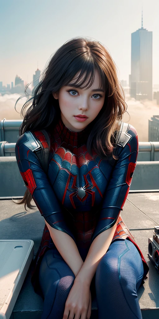 (1girl:1.3), Solo, (((Very detailed face)))), ((Very detailed eyes and face)))), Beautiful detail eyes, Body parts__, Official art, Unified 8k wallpaper, Super detailed, beautiful and beautiful, beautiful, masterpiece, best quality, original, masterpiece, super fine photo, best quality, super high resolution, realistic realism, sunlight, full body portrait, amazing beauty, dynamic pose, delicate face, vibrant eyes, (from the front), She wears Spider-Man suit, red and black color scheme, spider, very detailed city roof background, rooftop, overlooking the city, detailed face, detailed complex busy background, messy, gorgeous, milky white, highly detailed skin, realistic skin details, visible pores, clear focus, volumetric fog, 8k uhd, DSLR, high quality, film grain, fair skin, photo realism, lomography, futuristic dystopian megalopolis, translucent