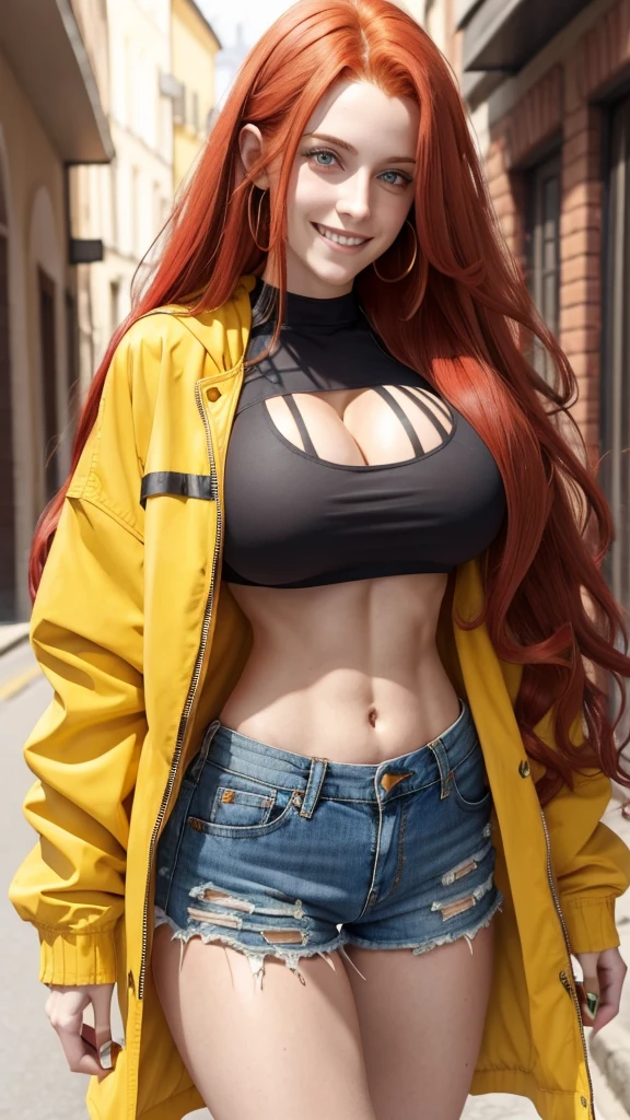 Long hair, red hair, yellow eyes, crop top, midrif, torn shorts, smile, short jacket, big breasts