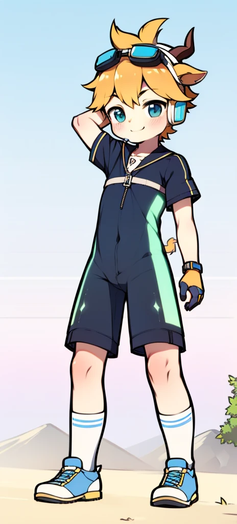Second dimension boy ager，Bodysuit，horn，Cow ears，Put the headphones on your head，stand up，goggles，sports shoes，Slim，Sailor collar，White knee socks，Short sleeve shorts，Leg ring，cute，happy，zipper