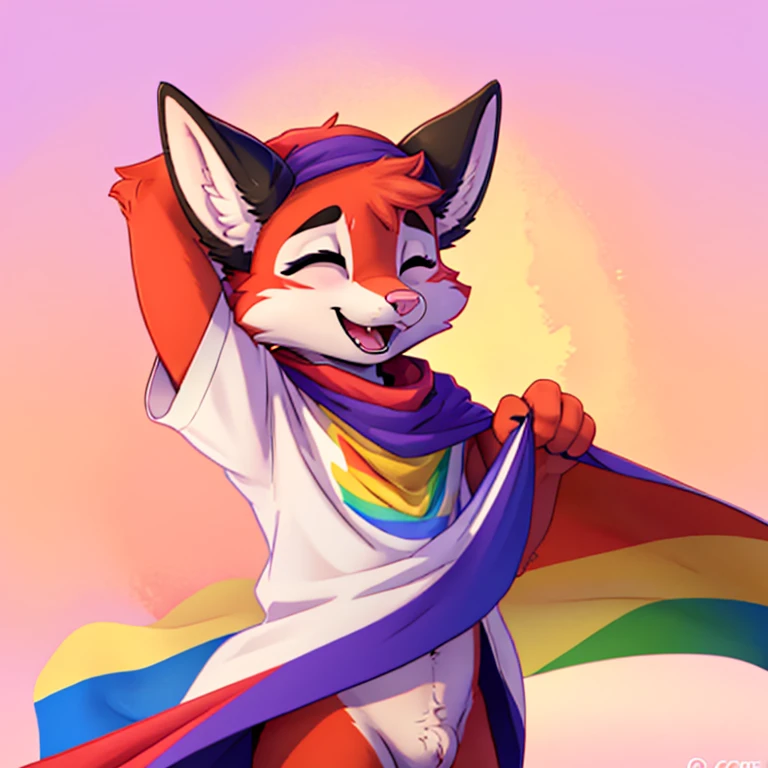 Anthropomorphic adult male crimson fox with pink nose, purple eyes, black sholders, horns, black ears and femenine look, is holding a lgbtq flag with his right arm, focus on face, open mouth, eyes closed, very happy, solo, digital art, pastel color background, front view, hands lifted up, cutecore, wearing light colored shirt and a bandana, half body view, icon pfp, with a large lgbtq cape around his shoulders