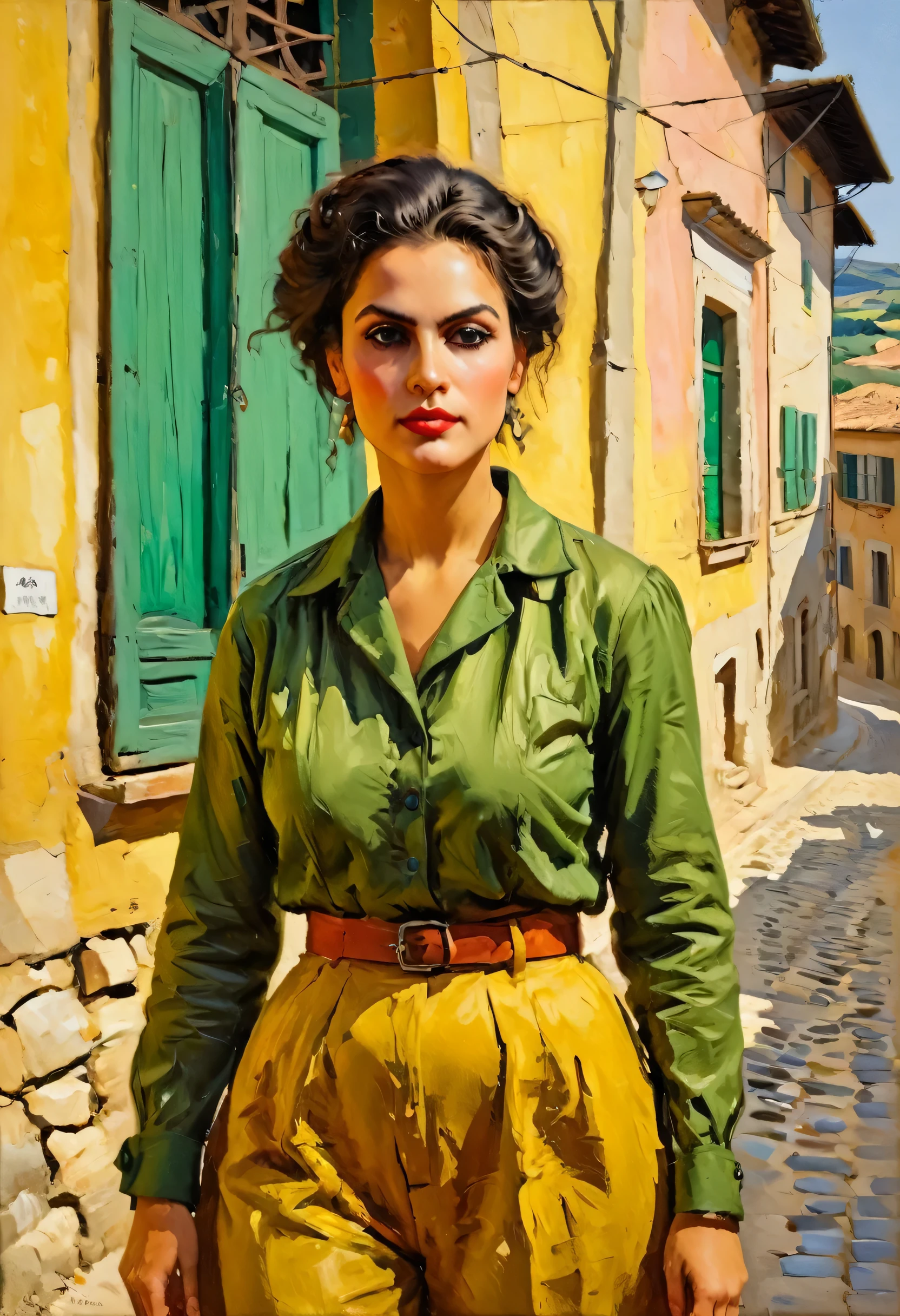 oil painting, Obra de arte, uma jovem adulta, estatura alta, Seios pequenos, boca fechada, Slavic appearance: olhos verdes; cabelo loiro; sharp facial features; Covinhas no queixo; nariz reto; Nariz alto; pronounced high cheekbones; testa alta, em um uniforme de soldado: Casaco trespassado verde escuro，Com 6 fivelas; Gray pants; botas pretas altas; Luvas de couro preto, Fique no meio da rua, Fundo da imagem: Uma estrada pavimentada com pedras，Above are European stone houses from the first half of the 20th century.; Mid 20th century costumed man, Sombras de alta qualidade, Alta qualidade de luz, Roupas de alta qualidade, maximum detail, 16k, ultra high resolution.Fotorrealista, UHD, CRU, DSLR