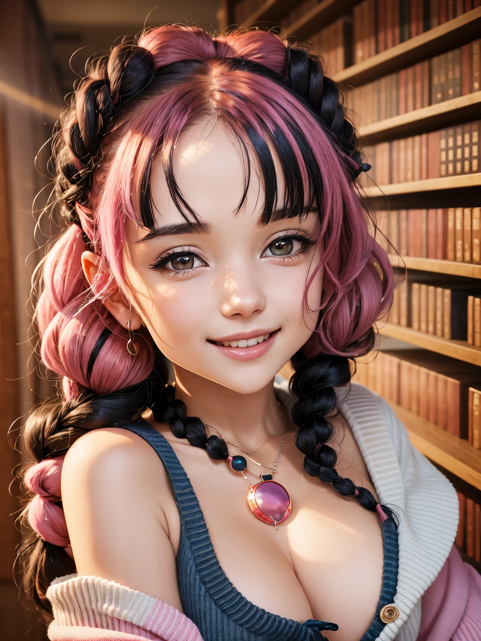 (((anime))), ((animated)), (GAL), medium hair, (braid hair:1.3), (blunt bangs:1.2),two-tone hair, blonde hair, (pink hair), round face, red eyes, (drooping eyes), (((tareme))),Pink Lip,piercing,necklace, black skin, light smile, ((((cute)))), beautiful, 1 girl, solo, (cardigan:1.4), [cleavage cutout],beautiful background,(library:1.5),evening,sunlight,backlighting,masterpiece,best quality,exquisite,8k,absurdres,super fine illustration,(looking at viewer), cheerful, bright smile, jenya.d