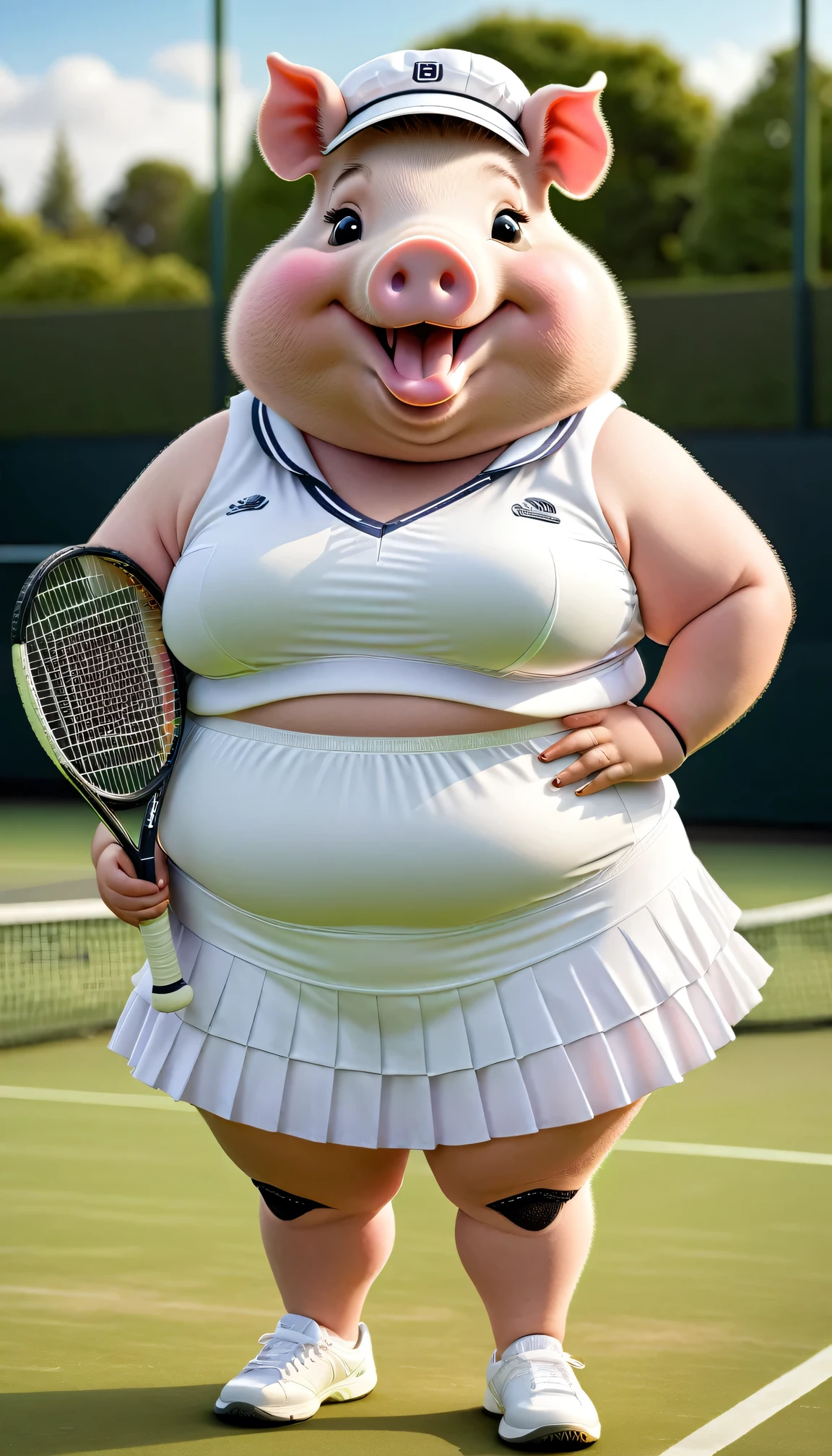 photorealistic portrait of Dressed animals - a (fat) pig tennis player,(hand on hip:1.2),(happy smile),(furry), high quality,(lovely) ,intricate details, highly detailed (female tennis wear),white frilled skirt and underwear, holding tennis racket,　grass tennis court background, (happy), perfect lighting,(full body image:2.0)