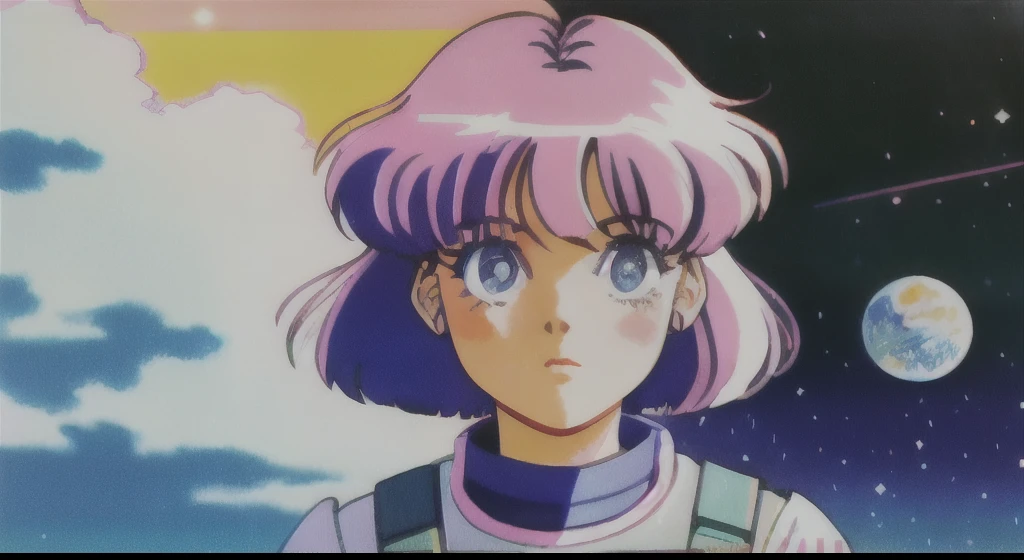 muted pastel colors, retro anime, 1990s anime, 1980s anime, brush strokes, solo, 1girl, masterpiece, best quality, bob cut, blunt bangs, blue eyes, blush, pink hair, steaming, (freckles:0.8), collarbone, exposed shoulders, space suit, small breasts, neutral background, (?), only one girl, solar punk, spheric planet, ringed planet, holding lipstick
