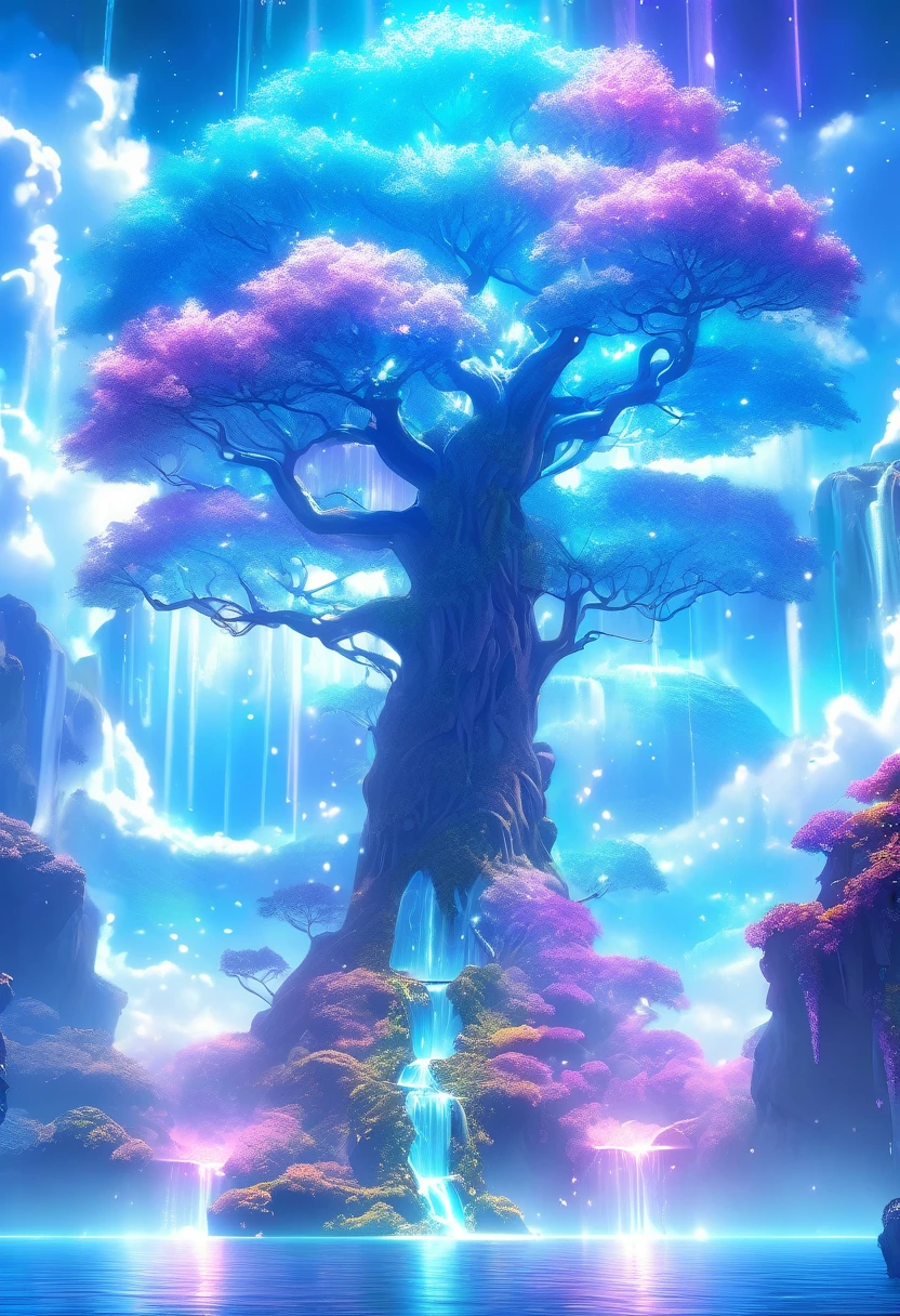 Surreal illustration , Otherworldly, Ultra-aerial scene featuring the entire body of a giant crystal tree,Highly detailed and magical lighting, Intricate forest details, Surrounding vegetation and river, Solarpunk ,landscape, Giant Tree, Beautiful foliage with beautiful lighting and realistic proportions, Like a movie background, 8k, highest quality, masterpiece, 空のcloudと星.baptism,Baptism,Garden of Eden,Colorful,夢のようなlandscape, cloud, light piercing through the cloud, Reflection on the surface of the water, Gentle waterfall,flower々, flower ,Quiet atmosphere, Richness in details, Surreal beauty, Magical Aura, ファンタジーlandscape, High quality digital art, Vibrant colors, Fantastic lighting, Enchanting atmosphere, Artistic Expression, Otherworldly feeling, Beautiful brushwork, Magnificent View, Peaceful tranquility, Immersive Experience, Breathtaking views, Picturesque views, Mysterious charm, Mysterious atmosphere, Nuances, A magical dream. There are no people, Nobody is here