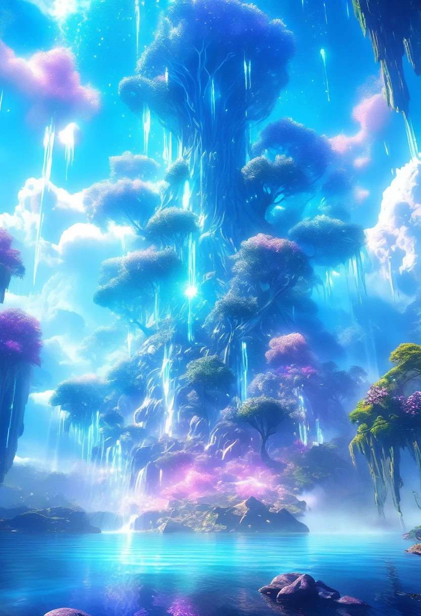 Surreal illustration , Otherworldly, Ultra-aerial scene featuring the entire body of a giant crystal tree,Highly detailed and magical lighting, Intricate forest details, Surrounding vegetation and river, Solarpunk ,landscape, Giant Tree, Beautiful foliage with beautiful lighting and realistic proportions, Like a movie background, 8k, highest quality, masterpiece, 空のcloudと星.baptism,Baptism,Garden of Eden,Colorful,夢のようなlandscape, cloud, light piercing through the cloud, Reflection on the surface of the water, Gentle waterfall,flower々, flower ,Quiet atmosphere, Richness in details, Surreal beauty, Magical Aura, ファンタジーlandscape, High quality digital art, Vibrant colors, Fantastic lighting, Enchanting atmosphere, Artistic Expression, Otherworldly feeling, Beautiful brushwork, Magnificent View, Peaceful tranquility, Immersive Experience, Breathtaking views, Picturesque views, Mysterious charm, Mysterious atmosphere, Nuances, A magical dream. There are no people, Nobody is here