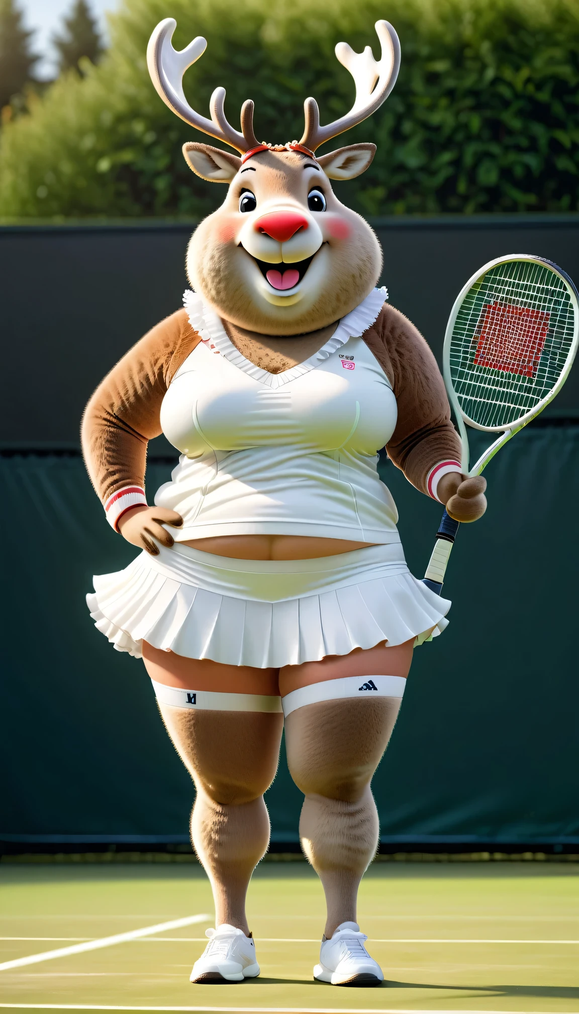 photorealistic portrait of Dressed animals - a (fat) reindeer tennis player,(hand on hip:1.2),(happy smile),(furry), high quality,(lovely) ,intricate details, highly detailed (female tennis wear),white frilled skirt and underwear, holding tennis racket, grass tennis court background, (happy), perfect lighting,(full body image:2.0)