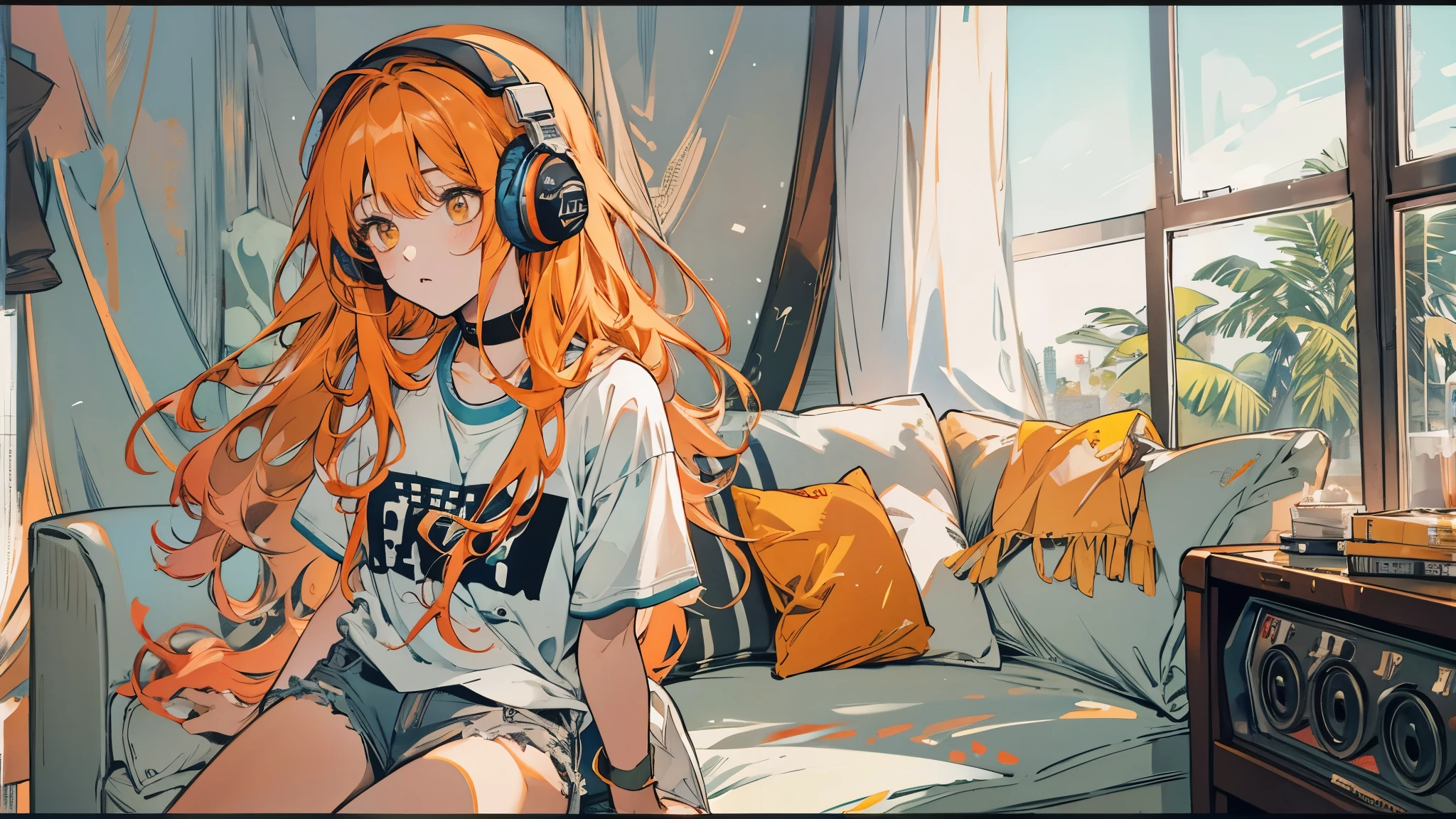 high resolution、One Girl、Wearing headphones、Logo T-shirt and hot pants、Inside a minimalist room、Fabric sofa、Fender Guitars、Vibrant colors、Vivid Color、Warm shades、Full body images、Orange long hair、