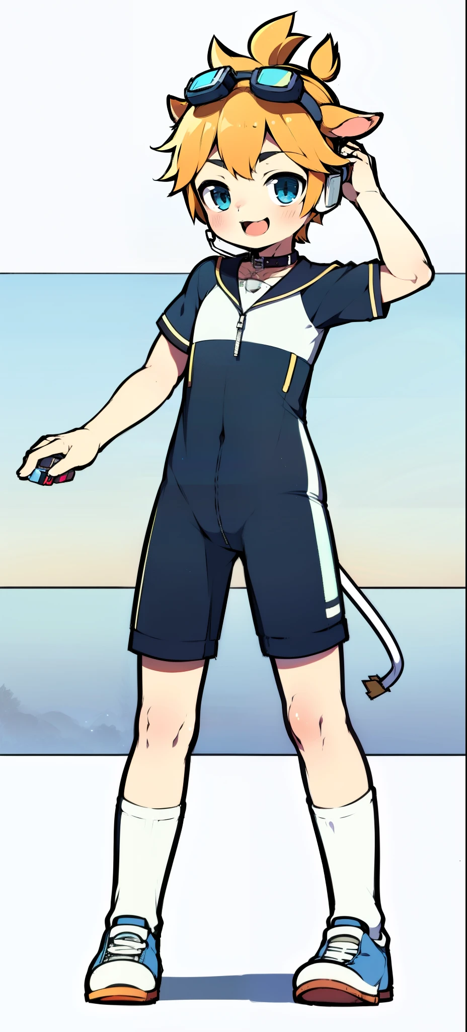 Second dimension boy teenager,Bodysuit,horn,Cow ears,Put the headphones on your head,stand up,goggles,sports shoes,Slim,Sailor collar,White knee socks,Short sleeve shorts,Leg ring,cute,happy,zipper