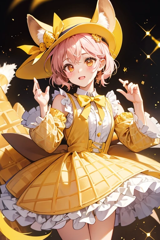 Honey is a flying squirrel with a light yellow head, body and inner ears, dark yellow forehead and outer ears, light pink blush marks and dark orange eyes. Her membrane and tail have a checkered pattern, ressembling a waffle. For her attire, she wears a waffle-like flat hat, and a yellow bowtie around her neck. There is also dripping honey on the hat and on the tail. SPARKLE; GLITTER