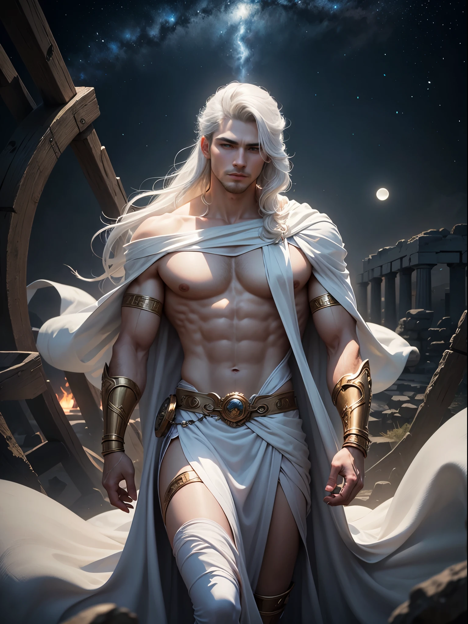 Masterpiece, best quality, high quality, realistic, hdr, extremely detailed CG Mythology, zeus, detailed face, ((white silk greek mythology costumes)), silk costumes, ((floating medium white hair)), king of gods, male saint body, muscular body, Greek god zeus temple. mythical. Image 8k, Enhanced graphics, Good quality, volumetric lighting. Galaxy and dream world behind him landscape, manly, moonglow, mythology, delicate lighting, cinematic lighting, glow irises, light face, shirt with a silk strip crossing the chest