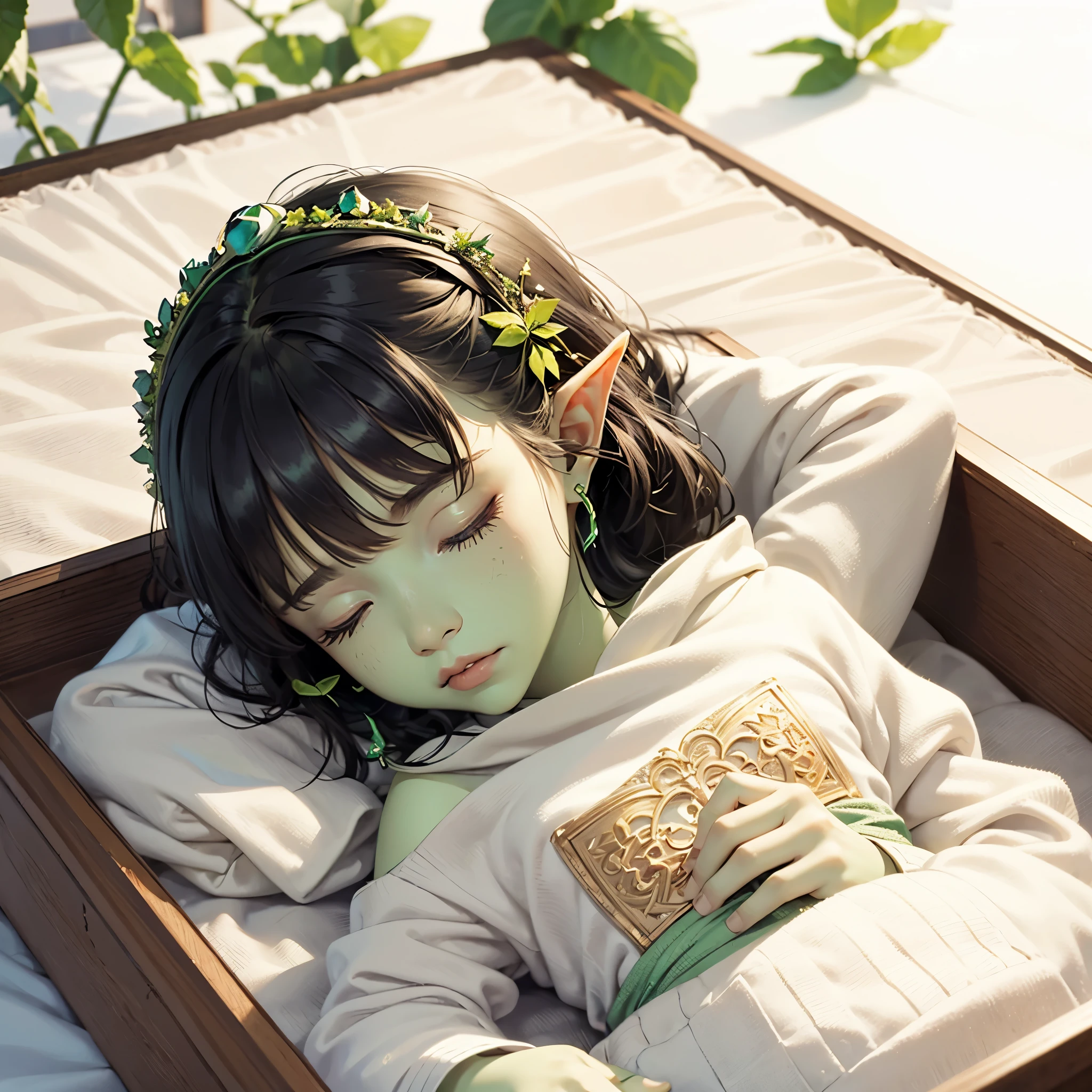 A sleeping baby with (((green skin+++))) amd elf ears, sleeping in a crib, masterpiece, uktra detailed, fine lines, black hair