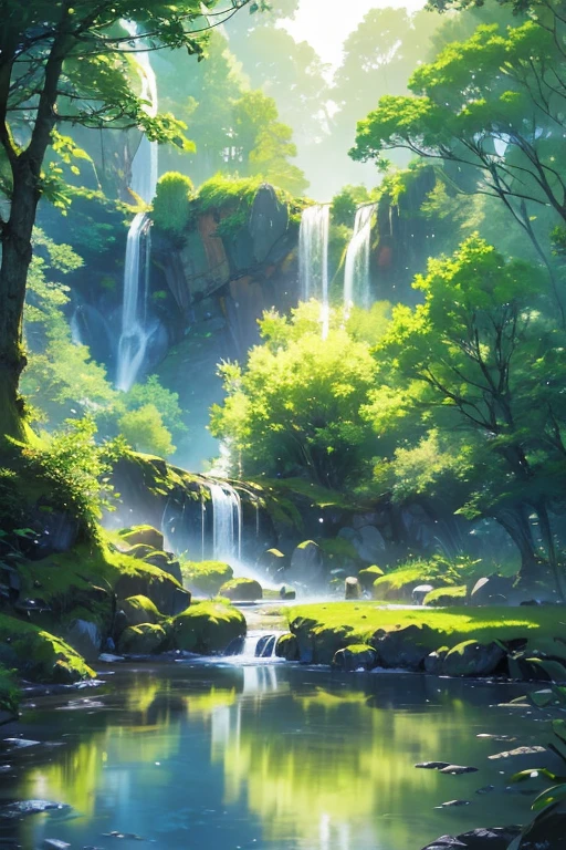 Surreal illustration , Otherworldly, Ultra-aerial scene featuring the entire body of a giant crystal tree,Highly detailed and magical lighting, Intricate forest details, Surrounding vegetation and river, Solarpunk ,landscape, Giant Tree, Beautiful foliage with beautiful lighting and realistic proportions, Like a movie background, 8k, highest quality, masterpiece, 空のcloudと星.baptism,Baptism,Garden of Eden,Colorful,夢のようなlandscape, cloud, light piercing through the cloud, Reflection on the surface of the water, Gentle waterfall,flower々, flower ,Quiet atmosphere, Richness in details, Surreal beauty, Magical Aura, ファンタジーlandscape, High quality digital art, Vibrant colors, Fantastic lighting, Enchanting atmosphere, Artistic Expression, Otherworldly feeling, Beautiful brushwork, Magnificent View, Peaceful tranquility, Immersive Experience, Breathtaking views, Picturesque views, Mysterious charm, Mysterious atmosphere, Nuances, A magical dream. There are no people, Nobody is here