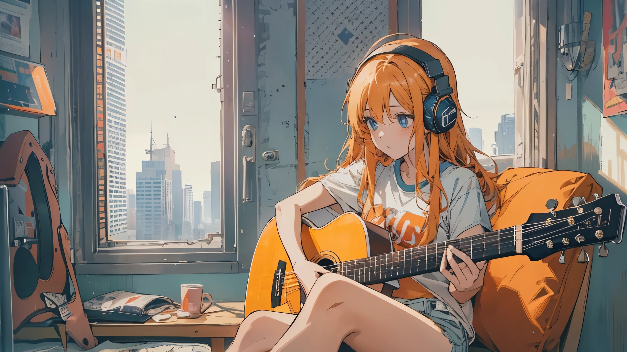 high resolution、One Girl、Wearing headphones、Logo T-shirt and hot pants、Inside a minimalist room、Fabric sofa、Fender Guitars、Vibrant colors、Vivid Color、Warm shades、Full body images、Orange long hair、