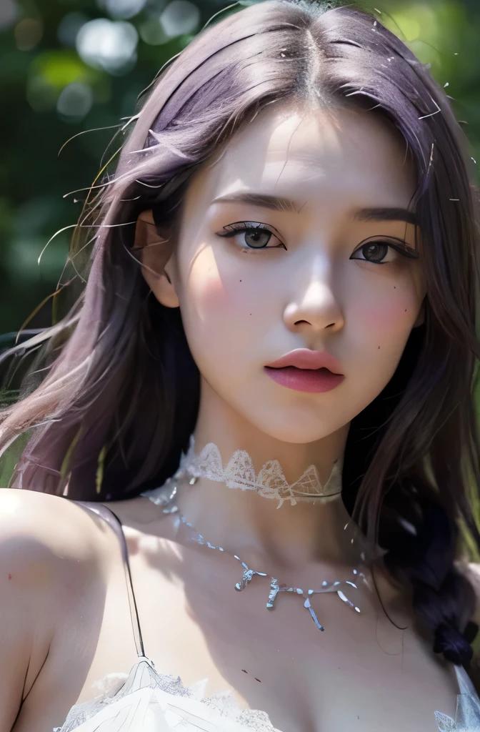 best quality,masterpiece,extremely detailed,high res,4k,ultra high res,detailed shadow,ultra realistic,realistic,dramatic lighting,1girl,solo,detailed face,realistic eyes,realistic skin,white dress,purple hair,dynamic pose, white lace dress