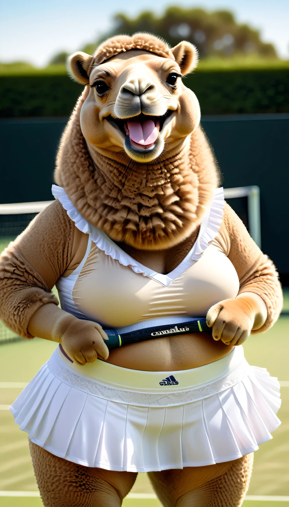 photorealistic portrait of Dressed animals - a (fat) camel tennis player,(hand on hip:1.2),(happy smile),(furry), high quality,(lovely) ,intricate details, highly detailed (female tennis wear),white frilled skirt and underwear, holding tennis racket, grass tennis court background, (happy), perfect lighting,(full body image:2.0)