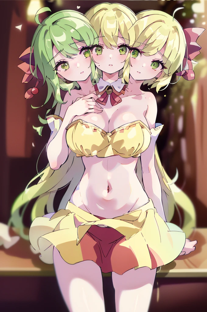 (masterpiece, best quality), best quality, (ultra-detailed), (3heads:1.5), 1girl, (rin satsuki :1.3), masterpiece, (best quality:1.5, highres, UHD), highres, absurdo, ultra detail, ultra quality, Ultra resolution, white top, crop top, ((stomach)), midriff, ((groin)), red skirt, normal ears, shackles, blonde hair, very long hair, wavy hair, sidelocks, green eyes, very detailed eyes, parted lips, sweat, cute, toned belly, hand on own chest, eyelashes, (24 year old woman:1.3), (masterpiece:1.5), (best quality:1.5), (beautiful detailed extremely detailed CG, extremely delicate and beautiful, depth of field, (finely detailed face), (perfect details:1.2), (mature female:1.4), wide pelvis, slender, large veiny breast, 16k resolution, highres, very high quality, very high definition, extremely detailed, masterpiece, blonde hair, long hair, alluring presence, braid, short skirt, close up, big tits, young, red bow,