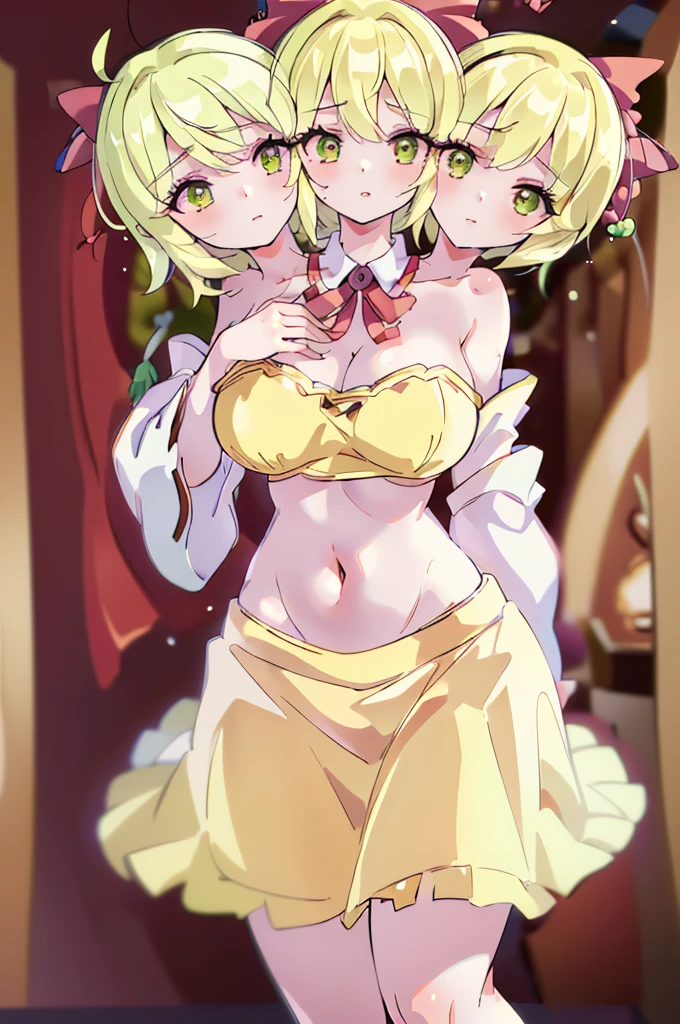 (masterpiece, best quality), best quality, (ultra-detailed), (3heads:1.5), 1girl, (rin satsuki :1.3), masterpiece, (best quality:1.5, highres, UHD), highres, absurdo, ultra detail, ultra quality, Ultra resolution, white top, crop top, ((stomach)), midriff, ((groin)), red skirt, normal ears, shackles, blonde hair, very long hair, wavy hair, sidelocks, green eyes, very detailed eyes, parted lips, sweat, cute, toned belly, hand on own chest, eyelashes, (24 year old woman:1.3), (masterpiece:1.5), (best quality:1.5), (beautiful detailed extremely detailed CG, extremely delicate and beautiful, depth of field, (finely detailed face), (perfect details:1.2), (mature female:1.4), wide pelvis, slender, large veiny breast, 16k resolution, highres, very high quality, very high definition, extremely detailed, masterpiece, blonde hair, long hair, alluring presence, braid, short skirt, close up, big tits, young, red bow,