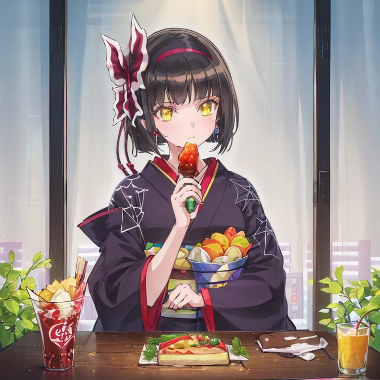 1 girl,  Blue Foodie, computer, Earrings, Food, Foodie, jewelry, keyboard (computer), logo, logo Parody, mouse(computer), Black Hair,Red flower hair ornament, Yellow Eyes, He is wearing a black kimono with a spider web painted on his shoulder., trash can, alone, White Background, 