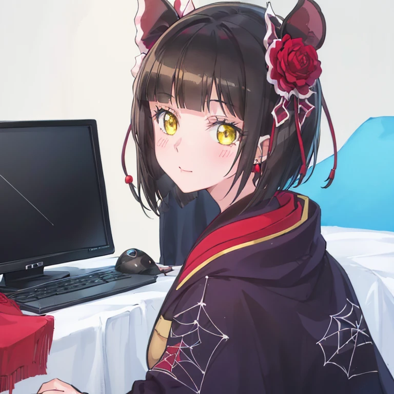 1 girl,  Blue Foodie, computer, Earrings, Food, Foodie, jewelry, keyboard (computer), logo, logo Parody, mouse(computer), Black Hair,Red flower hair ornament, Yellow Eyes, He is wearing a black kimono with a spider web painted on his shoulder., trash can, alone, White Background, 