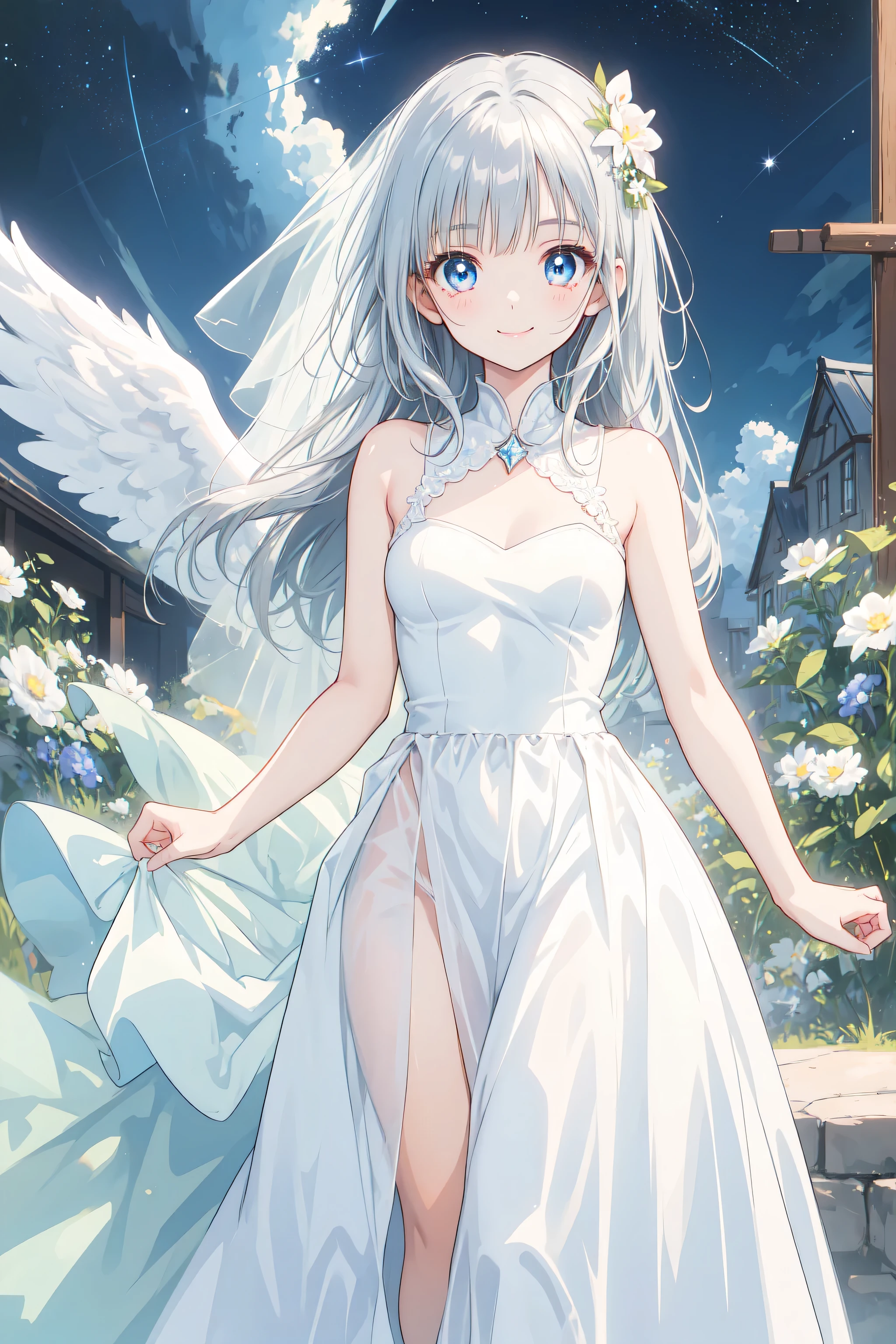 ((highest quality)), ((masterpiece)), (detailed), Perfect Face ,masterpiece, best quality, extremely detailed, anime, girl, blue eyes, silver hair, 8K, 4K,longhair,colorful,Wedding dress,small breast,expressive eyes,perfect face, moe, kawaii,cute,dress,eye focus, spectacular view, starry sky, diamond shaped eyes, full body, arm behind back, Angel's wing,starry sky,smile