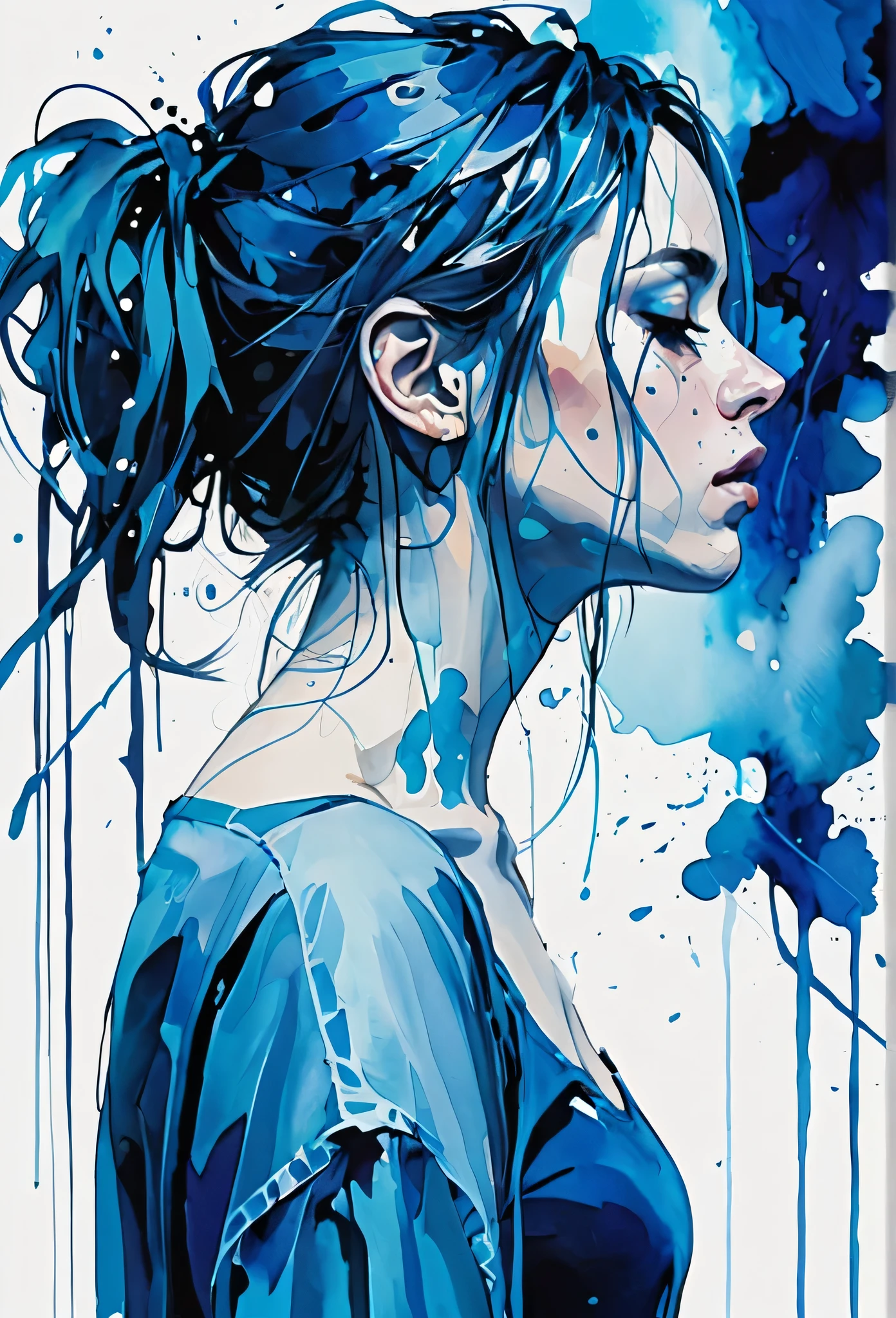 abstract style 1girl, (abstract art:1.4), bleeding blue, blue theme, visually stunning, beautiful, evocative, emotional, side view,
style of Agnes Cecile,9 . non-representational, colors and shapes, expression of feelings, imaginative, highly detailed