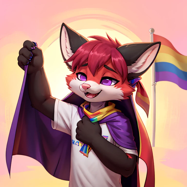 Anthropomorphic adult male crimson fox with pink nose, purple eyes, black sholders, horns, black ears and femenine look, is holding a lgbtq flag with his right arm, focus on face, open mouth, eyes closed, very happy, solo, digital art, pastel color background, front view, hands lifted up, cutecore, wearing light colored shirt and a bandana, half body view, icon pfp, with a large lgbtq cape around his shoulders