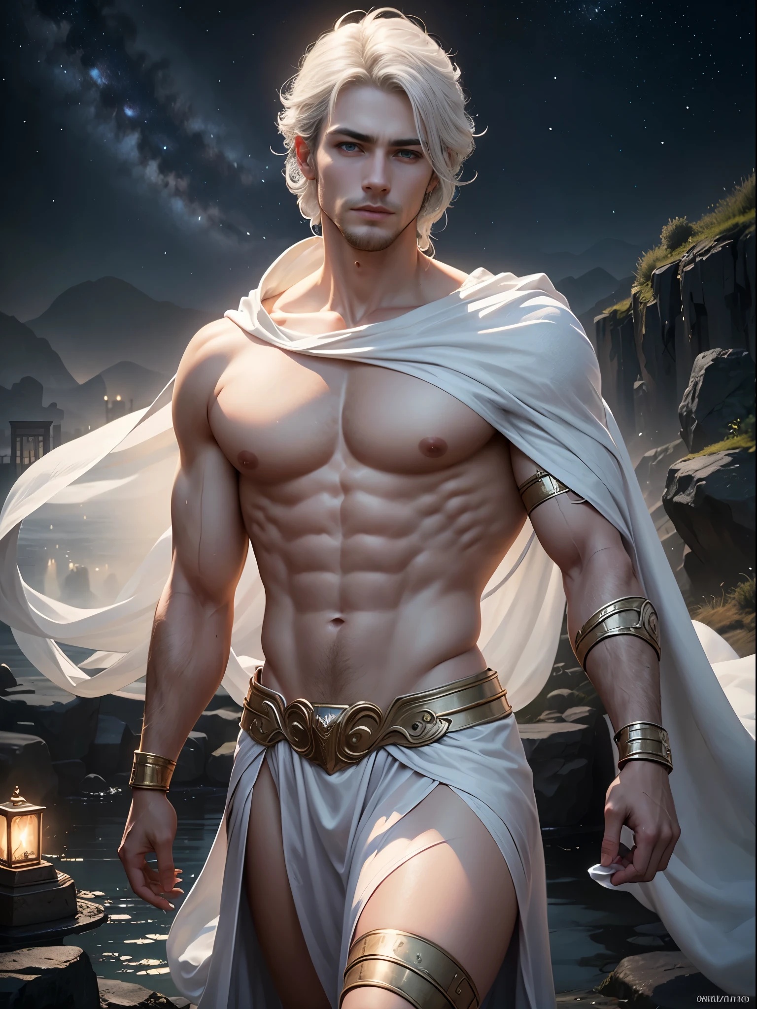 Masterpiece, best quality, high quality, realistic, hdr, extremely detailed CG Mythology, zeus, detailed face, ((white silk greek mythology costumes)), silk costumes, ((floating medium white hair)), king of gods, male saint body, muscular body, Greek god zeus temple. mythical. Image 8k, Enhanced graphics, Good quality, volumetric lighting. Galaxy and dream world behind him landscape, manly, moonglow, mythology, delicate lighting, cinematic lighting, glow irises, light face, shirt with a silk strip crossing the chest