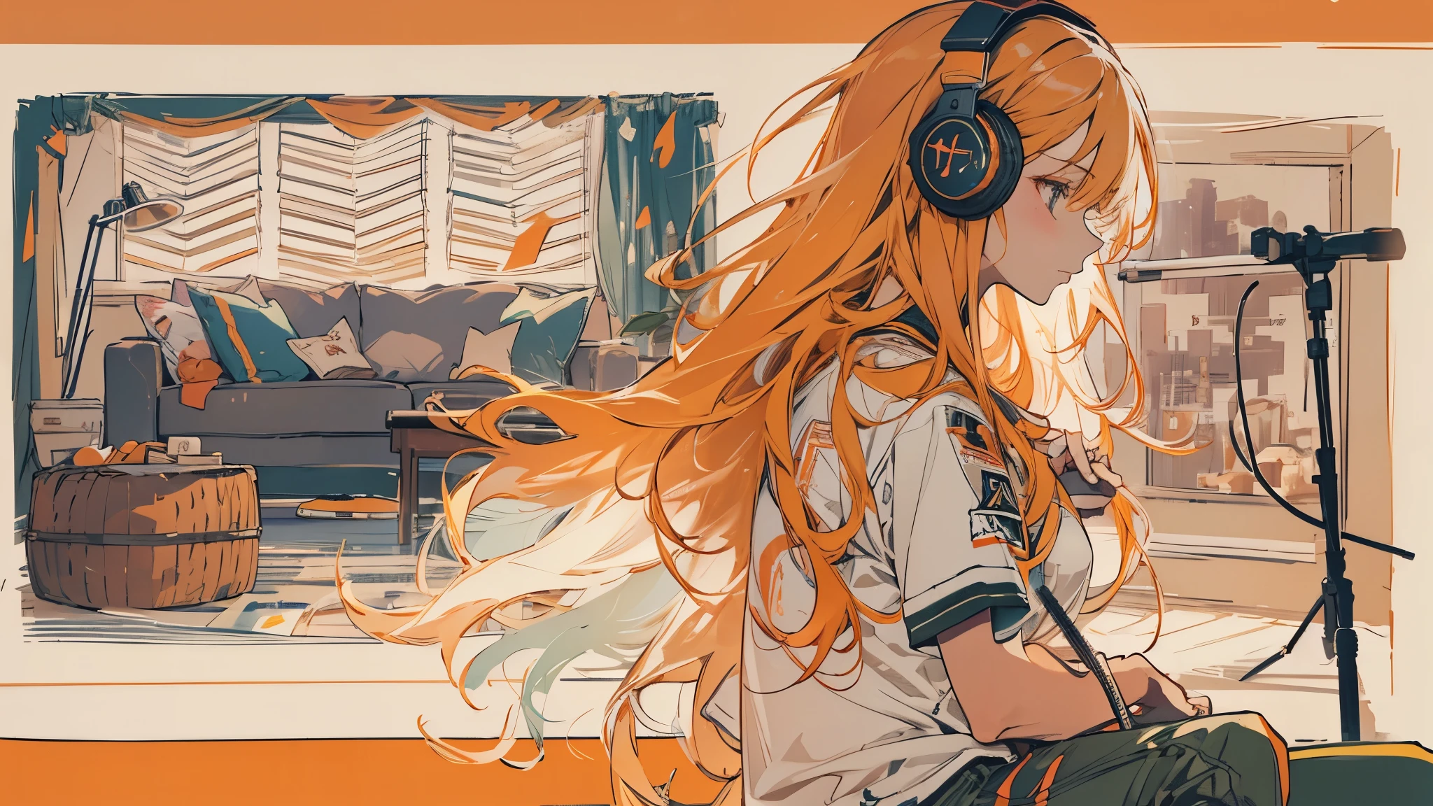high resolution、One Girl、Wearing headphones、Logo T-shirt and hot pants、Inside a minimalist room、Fabric sofa、Fender Guitars、Vibrant colors、Vivid Color、Warm shades、Full body images、Orange long hair、