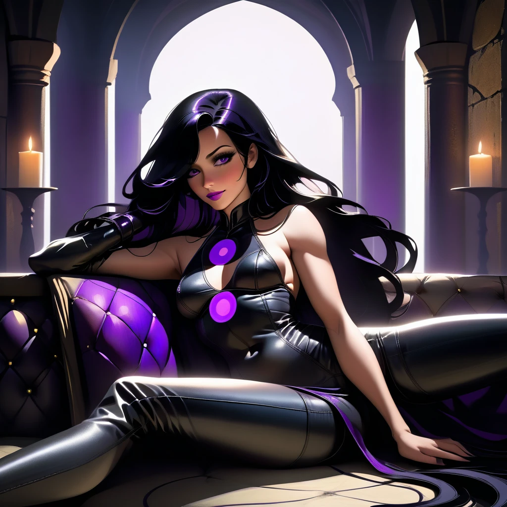 A jovial, muscular adult woman, wearing black leather clothing with purple circles on the outfit. She has long black hair styled. Her gaze is somber, with an air of mystery. She is enveloped in shadows, in a sexy and seductive pose, lips slightly open, with lust in her eyes. She is lounging and taking of her clothes, but not naked. Medieval style, with dark shadows all around.