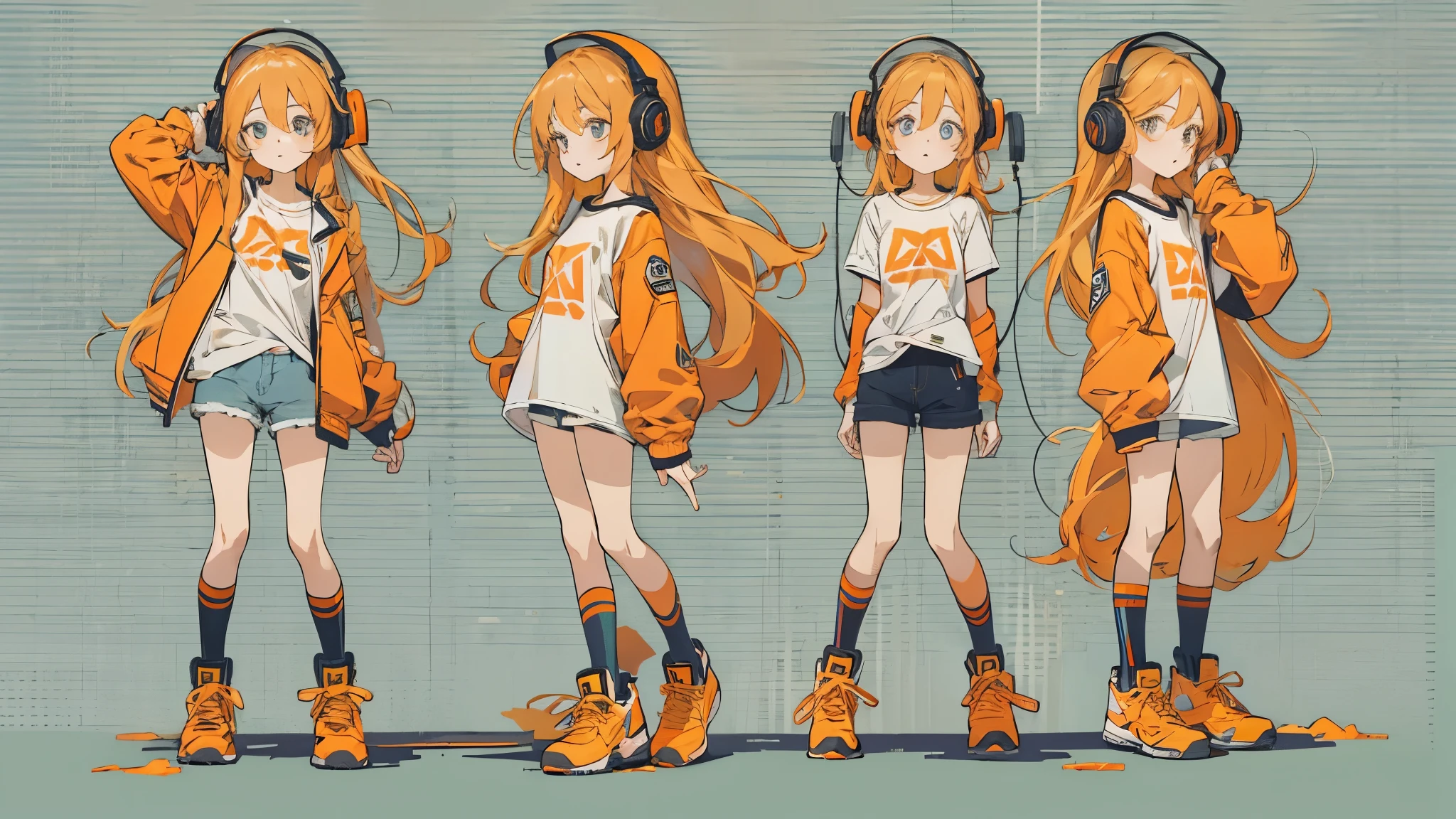 high resolution、One Girl、Wearing headphones、Logo T-shirt and hot pants、Inside a minimalist room、Fabric sofa、Fender Guitars、Vibrant colors、Vivid Color、Warm shades、Full body images、Orange long hair、
