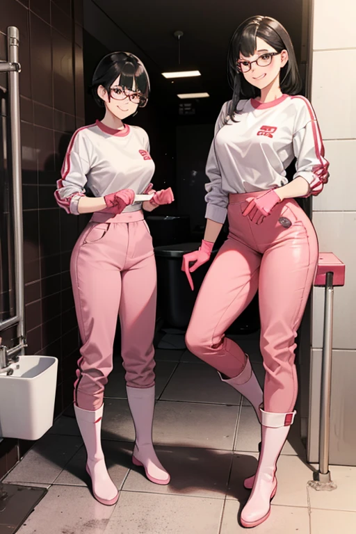 Two high school girls with short black hair and glasses, wearing red long sleeves, long pants and gym clothes, wearing white rubber boots and large pink rubber gloves, smiling as they clean a dirty public toilet