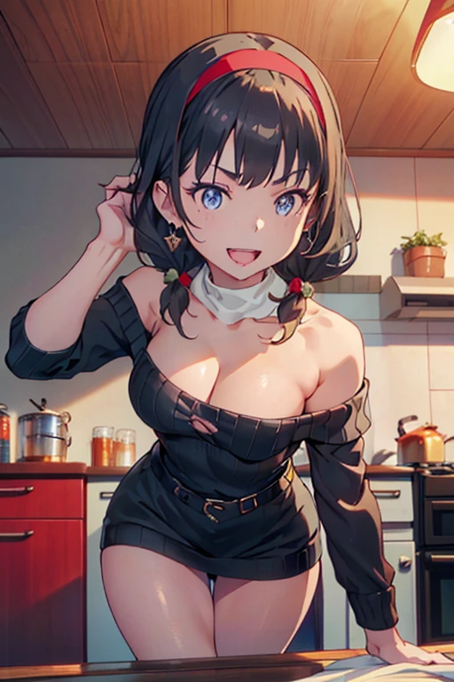 (dynamic angle:1.3, front view:1.1, breast focus:1.3, from below:1.2), (dynamic posing:1.5, sexy posing:1.3, leaning forward), (seductive smiling:1.3),masterpiece, 1girl, (pointed chest:1.3), cleavage:1.1,(double breasted:1.2,under bust:1.2), Amazing Cleavage:1.3, thin waist, big ass, Raised sexy, small breast: 1.2 posed cleavage:1.2、solo, looking at viewer, open mouth, have a grass of beergrass,black hair, blue eyes, bare shoulders, jewelry, collarbone, sidelocks, hairband, earrings, indoors, (red off shoulder sweater dress:1.3), arms behind back, short hair with long locks, blue white hairband, big side hair, very long side hair is rendered in (masterpiece: 1.2, best quality), with (ultra high resolution) and an exquisite (depth of field). This masterpiece is not only visually stunning but also tells,A scene of cooking in the kitchen