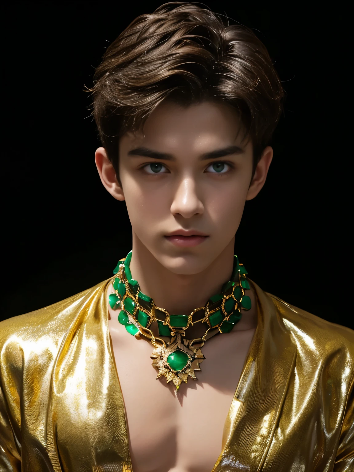 Attractive guy , the boy has very short brown hair, emerald eyes, on a black background - galaxy , stars . The Magic Look ! naked torso, large puffy nipples, gold chain with emerald around the neck.  top quality portrait photo !