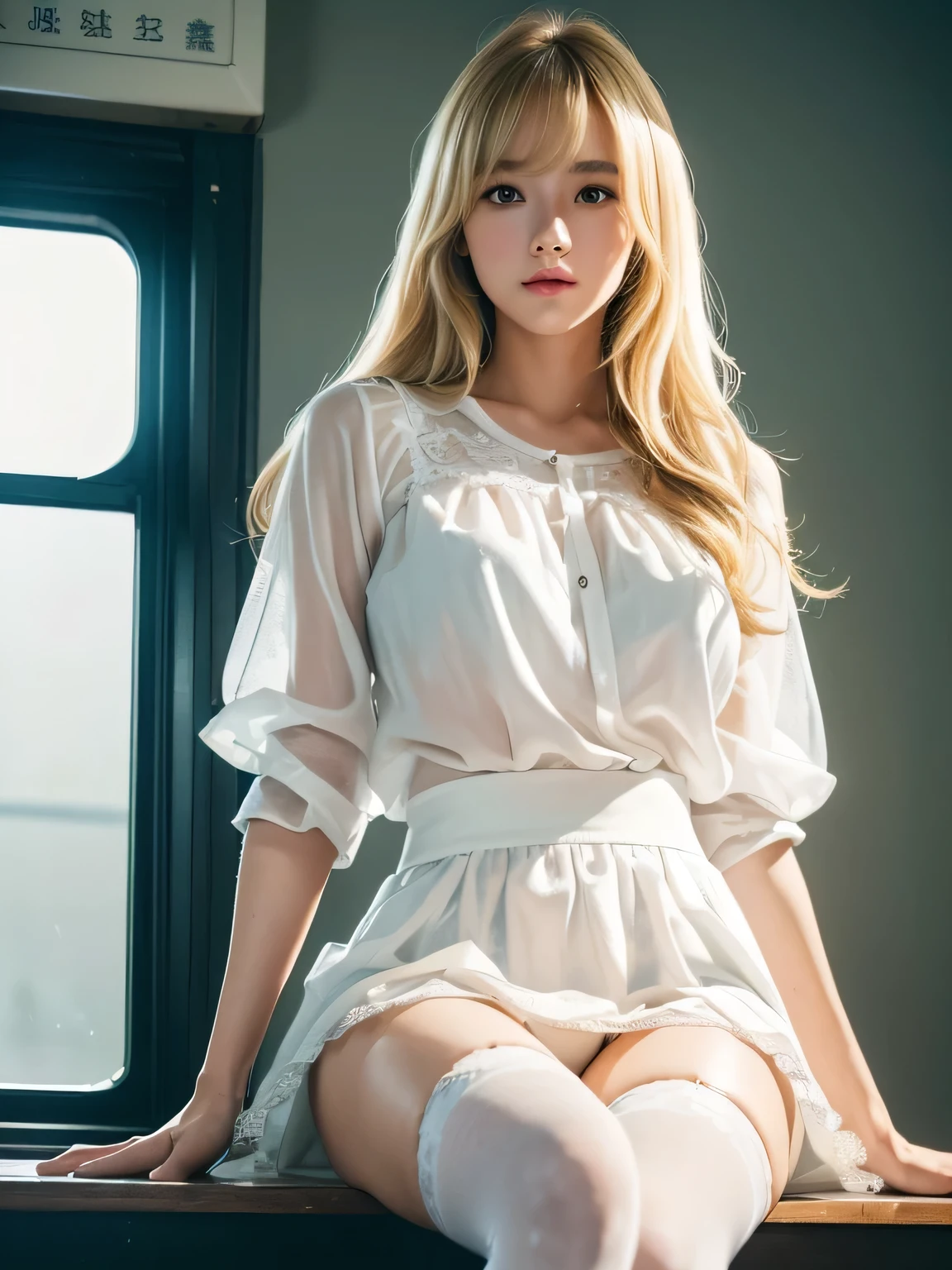 8K、Photo image masterpiece、highest quality、Super-resolution、Low angle view from the feet、Molester、Voyeur、Beautiful woman with golden, messy curly hair、((Blonde beauty))、With bangs、Impossibly cute face、And slim、Small breasts、High resolution、masterpiece、Exquisite Function 、Delicate eyes、Delicate blonde hair、8K quality、Pale light and shadow、Dindal effect、Blond hair blown by the wind、With bangs、Random Hairstyles、((A photo from the delicate feet)、(Detailed RAW Photos of Girls)、(Tabletop:1.25)、 (Highest quality:1.6)、(超High resolution:1.5)、(Real:1.75)、8K resolution、 (RAW Photos:1.2)、(Realistic:1.4)、Beautiful detailed woman、Very narrow waist、Very detailed eyes and face、Beautiful fine details、She is looking at the window、Ridiculous、Large file size、Very detailed、High resolution、highest quality、masterpiece、((A light white summer blouse and a white skirt))、Very detailed、CG、Unified、8k wallpaper、wonderful、The finer detailasterpiece、highest quality、 Light on the face、sunglasses、Cinema Lighting、One 23 year old woman、((Inside a crowded train、Strong wind from the window in the car、A woman sitting directly in front of me with her feet together、Anxious expression、Men on both sides、The Molester man on the right touches her thighs、The Molester man on the left is groping her breasts.、Wearing high heels、White Stockings、garter belt、Lighting from below、The inside of the skirt is also clearly visible.、Liked images、Voyeur: T-back panties of random colors and shapes peeking out from under a skirt、See-through thong panties、))