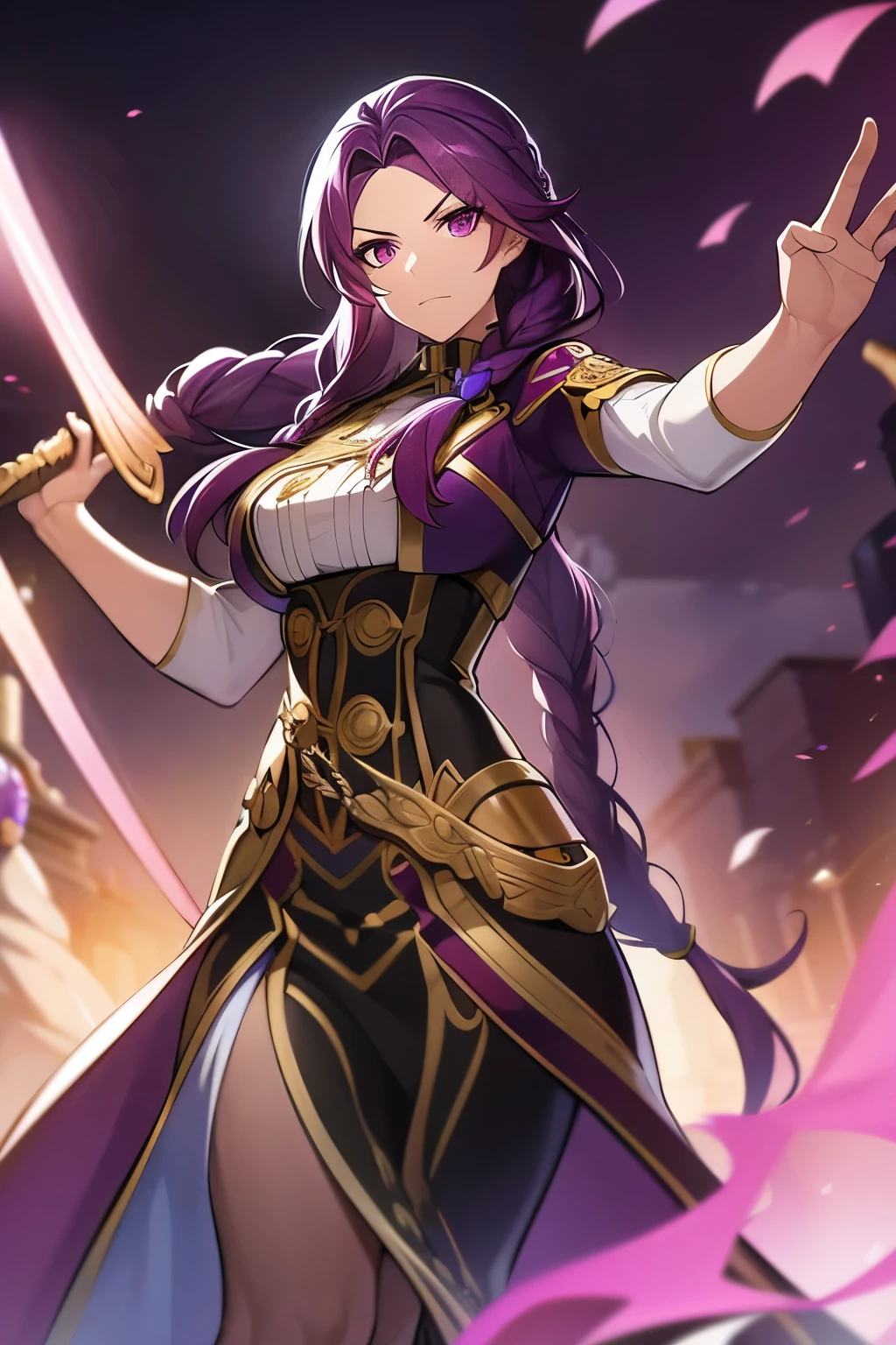 a woman with long purple hair in a braid, tan skin with a confident expression, standing in a dynamic action pose with a sword, the background is a monastery with stone walls, bright and vivid lighting, clear face details, looking at the viewer, a stern expression, conservative dress, white uniform with the collar buttoned up, black corset with gold details and trim.