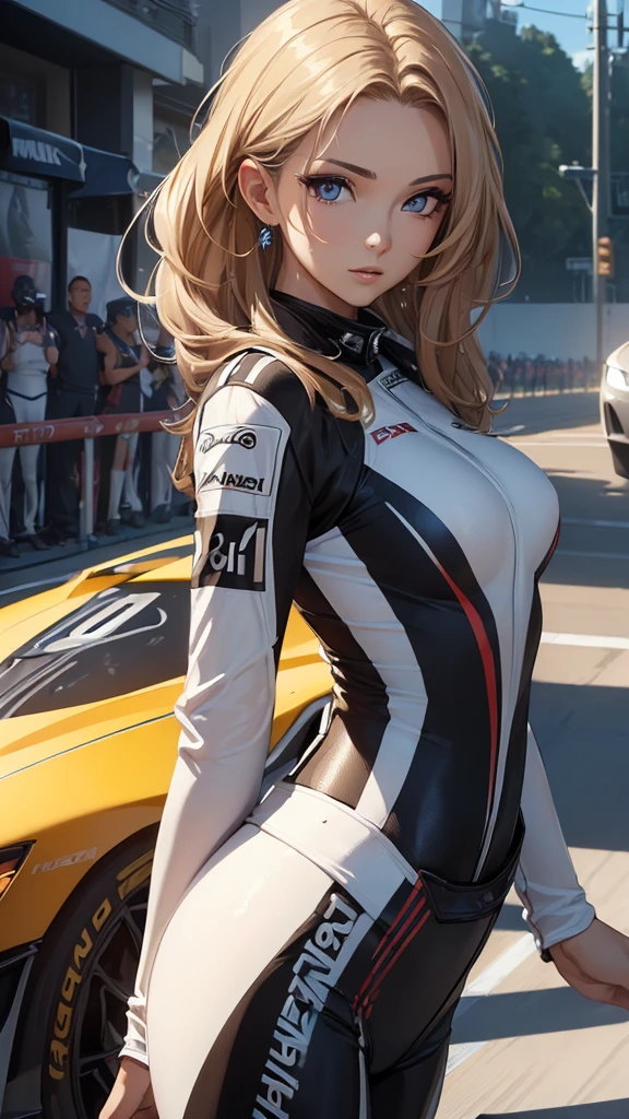 (((masterpiece))),(((High resolution)))、(((8K)))、(((beautiful woman racer))), ((racing suit)), ((top quality eyes)), ((detailed face)), ((detailed texture)), look at the camera