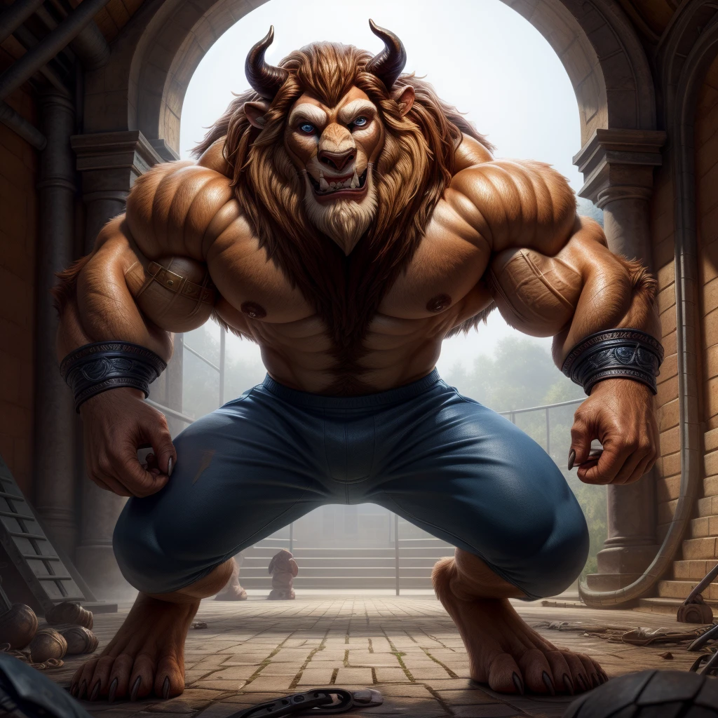 image of the Beast from the movie Beauty and the Beast, a close-up of a man with horned head and blue shorts, muscular, muscular and scary lion, brown blue, muscular, elbow pads, arm bands, topless male, red and white tight pants, underground fight club, standing, smile, (insanely detailed, beautiful detailed face, masterpiece, best quality) solo, beard, school, playground, muscles, facial hair, volumetric lighting, depth of field, wheezing, raised crotch, handsome action, big dynami