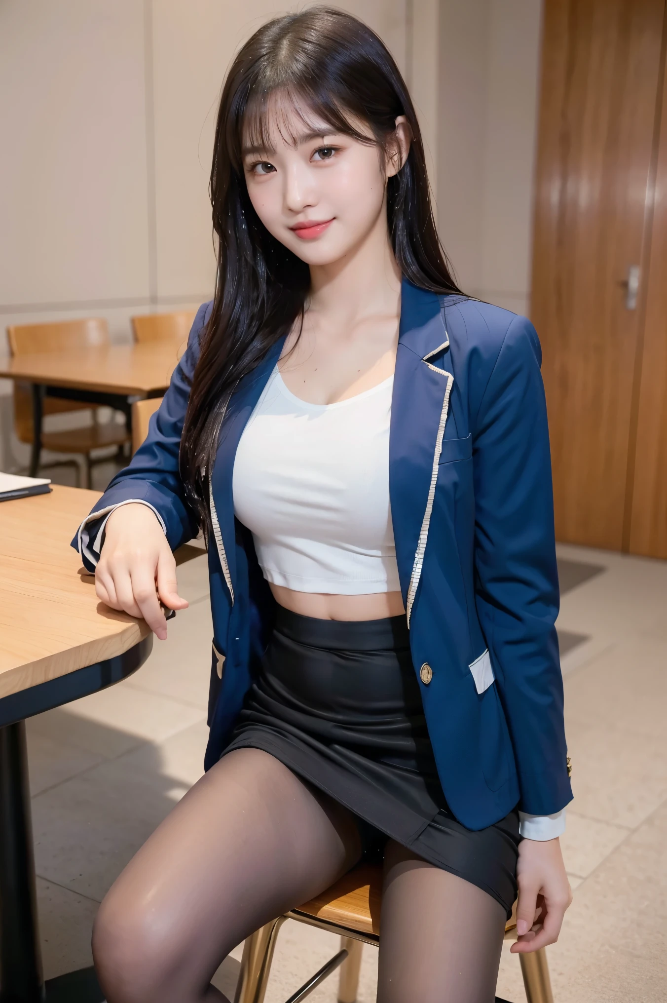 (8k), (highest quality: 1.2), (Realistic), (Realistic: 1.37), Ultra-high resolution, 1 girl, cute, Shiny skin,Blushing,smile, Mouth closed, Beautiful details, Beautiful Nose, whole body, Wet Hair, Giant Dulcefo, pork,Navel exposed,University Student Uniform,A simple blazer,Pleated skirt,Sit on a chair, shiny pantyhose 