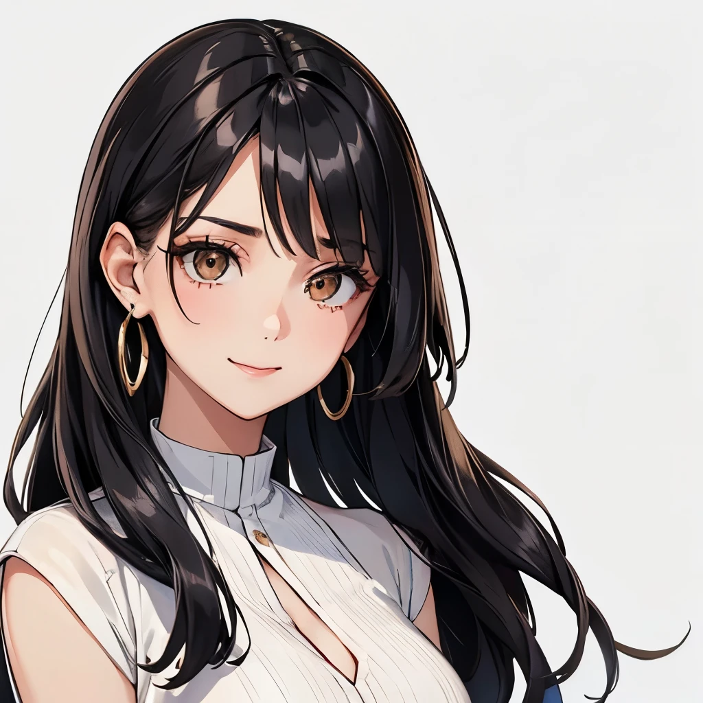 One girl, Plain background、face from the front、Earrings,Heavy makeup,Bewitching Smile、Expressionless、Light-colored clothing,Stylish Shinjuku summer fashion、Black Hair,Brown eyes,Hair is grated、40 years old