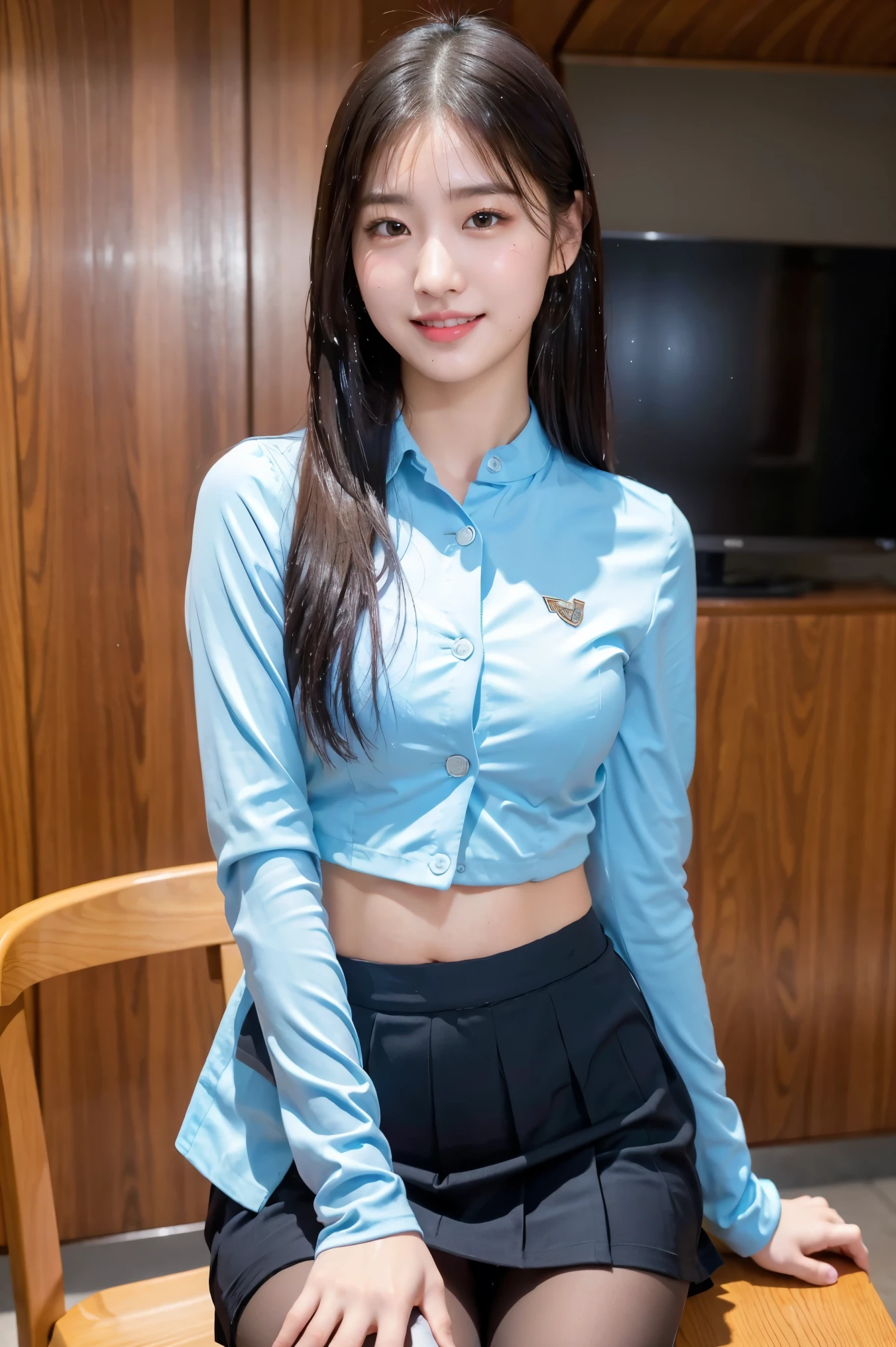 (8k), (highest quality: 1.2), (Realistic), (Realistic: 1.37), Ultra-high resolution, 1 girl, cute, Shiny skin,Blushing,smile, Mouth closed, Beautiful details, Beautiful Nose, whole body, Wet Hair, Giant Dulcefo, pork,Navel exposed,University Student Uniform,A simple blazer,Pleated skirt,Sit on a chair, shiny pantyhose