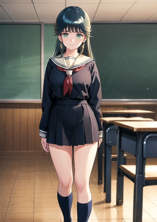 (8k、RAW Photos、highest quality、masterpiece:1.2)、(Realistic、Realistic:1.37)、Super detailed、超A high resolution、animation、1 girl、Beautifully detailed face、、beautifulディテールの肌、whole body、Professional Lighting、Sailor suit、Miniskirt Uniform、Navy blue socks、Smiling eyes、((ayukawa madoka)), (beautiful, fine grain)、Green Eyes、(Blue Hair、Parted bangs)、Delighted、Are standing、classroom、Big Eyes