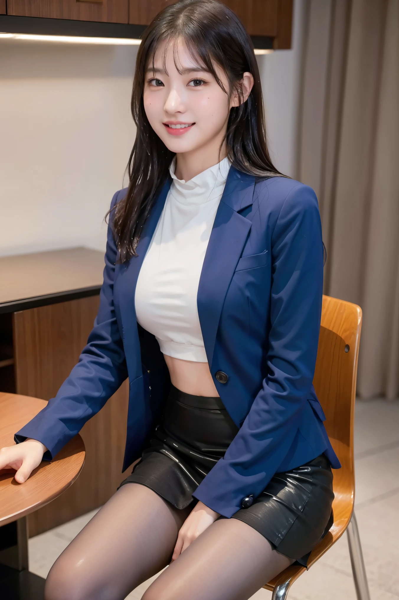 (8k), (highest quality: 1.2), (Realistic), (Realistic: 1.37), Ultra-high resolution, 1 girl, cute, (Embarrassed smile:1.2), (Blushing:1.4),Mouth closed, Beautiful details, Beautiful Nose, black straight Hair, Giant Dulcefo, pork, Thighs,Navel exposed,University Student Uniform,A simple blazer,(white tiny hot pants:1.2),Platform boots,Medium Shot, Sit on the bench,(Shiny legs:1.4),from the front,knees