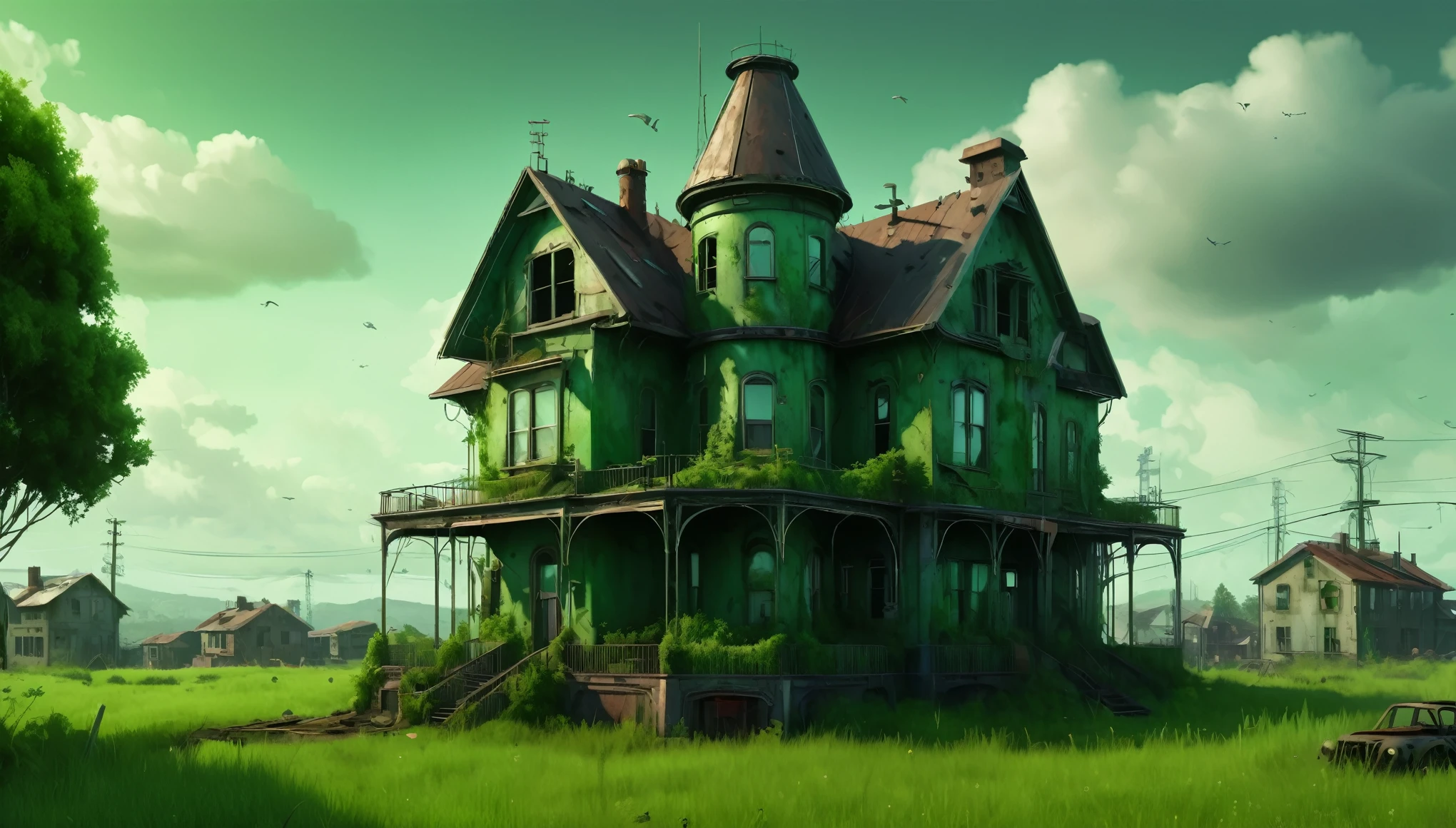 a large house sitting on top of a lush green field, style of esao andrews, neon steampunk, post apocalyptic theme park, houzz, rustic yet enormous scp (secure, weta digital, year 2100, desolated, exterior shot, the metaverse, vadim voitekhovitch, slum